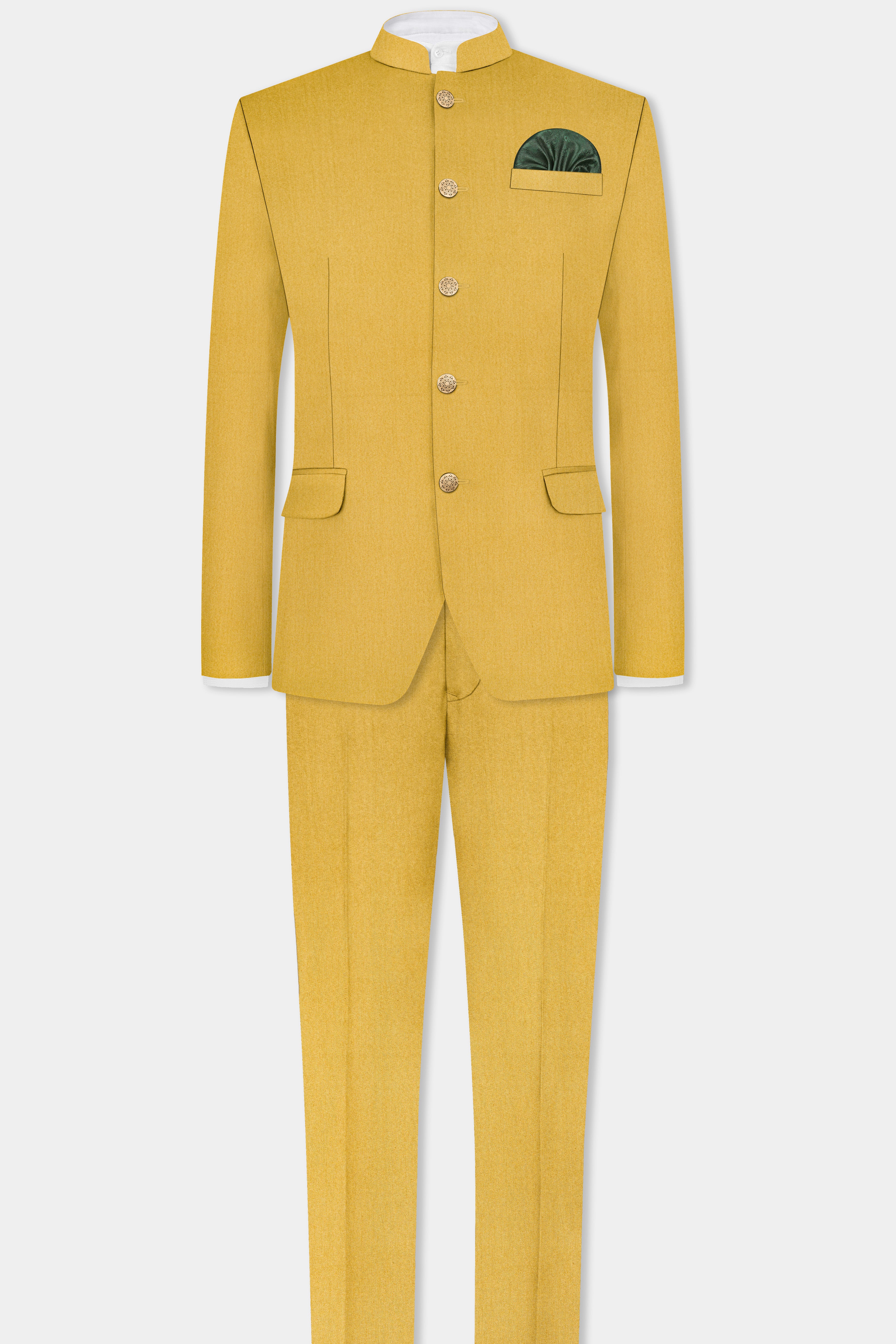 Camel Yellow Solid Cotton Bandhgala Blazer