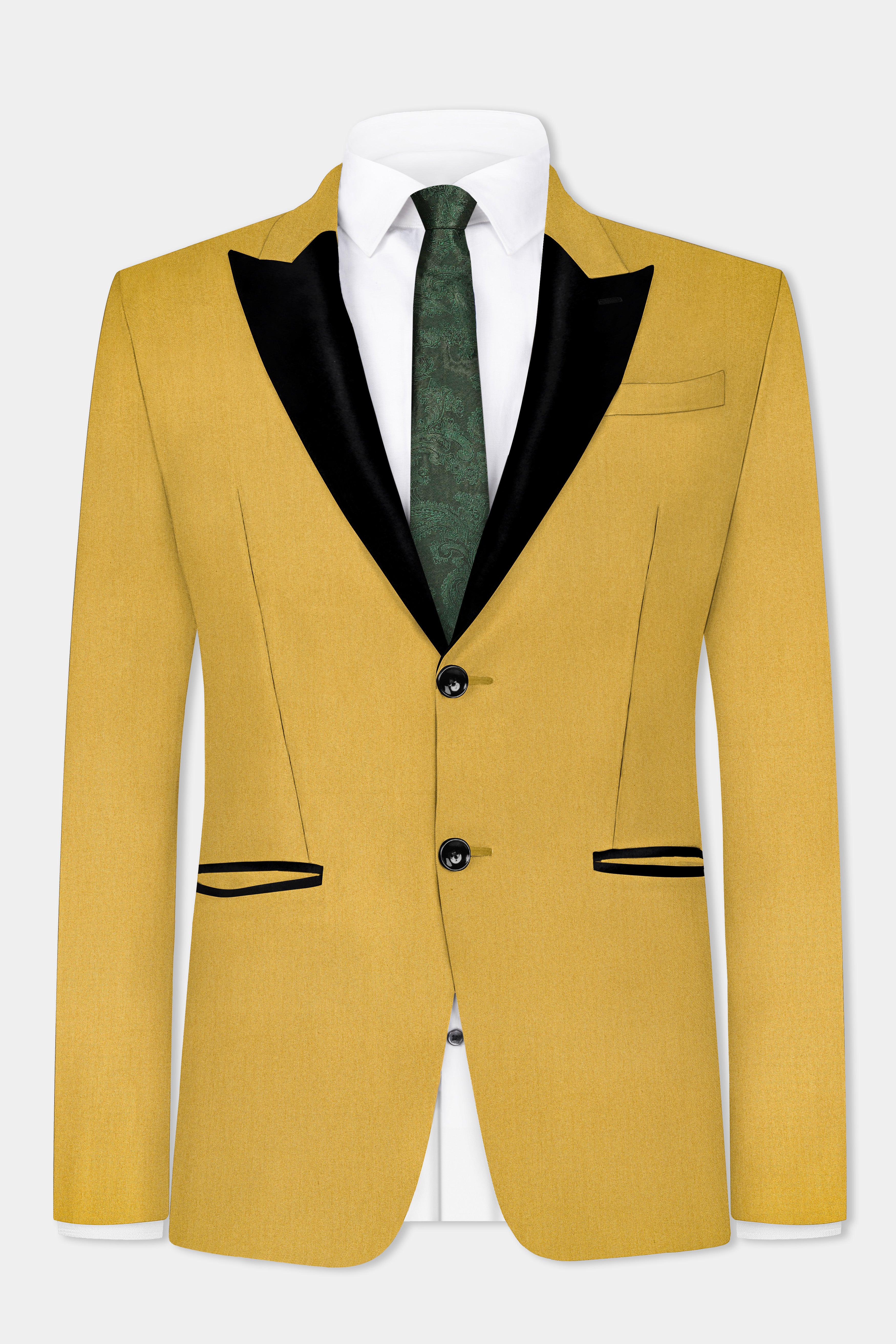 Camel Yellow Solid Cotton Peak Collar Tuxedo Blazer