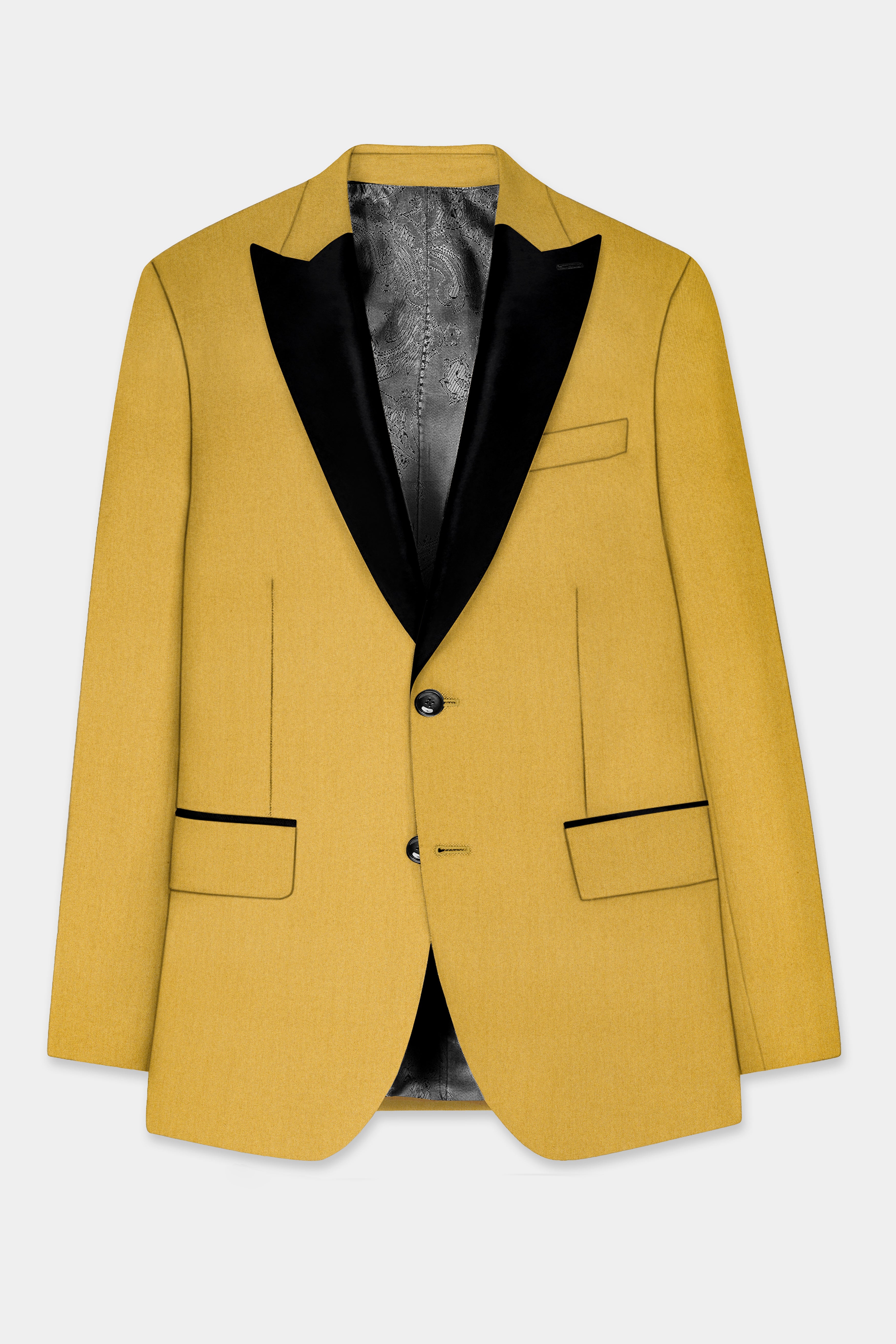 Camel Yellow Solid Cotton Peak Collar Tuxedo Blazer