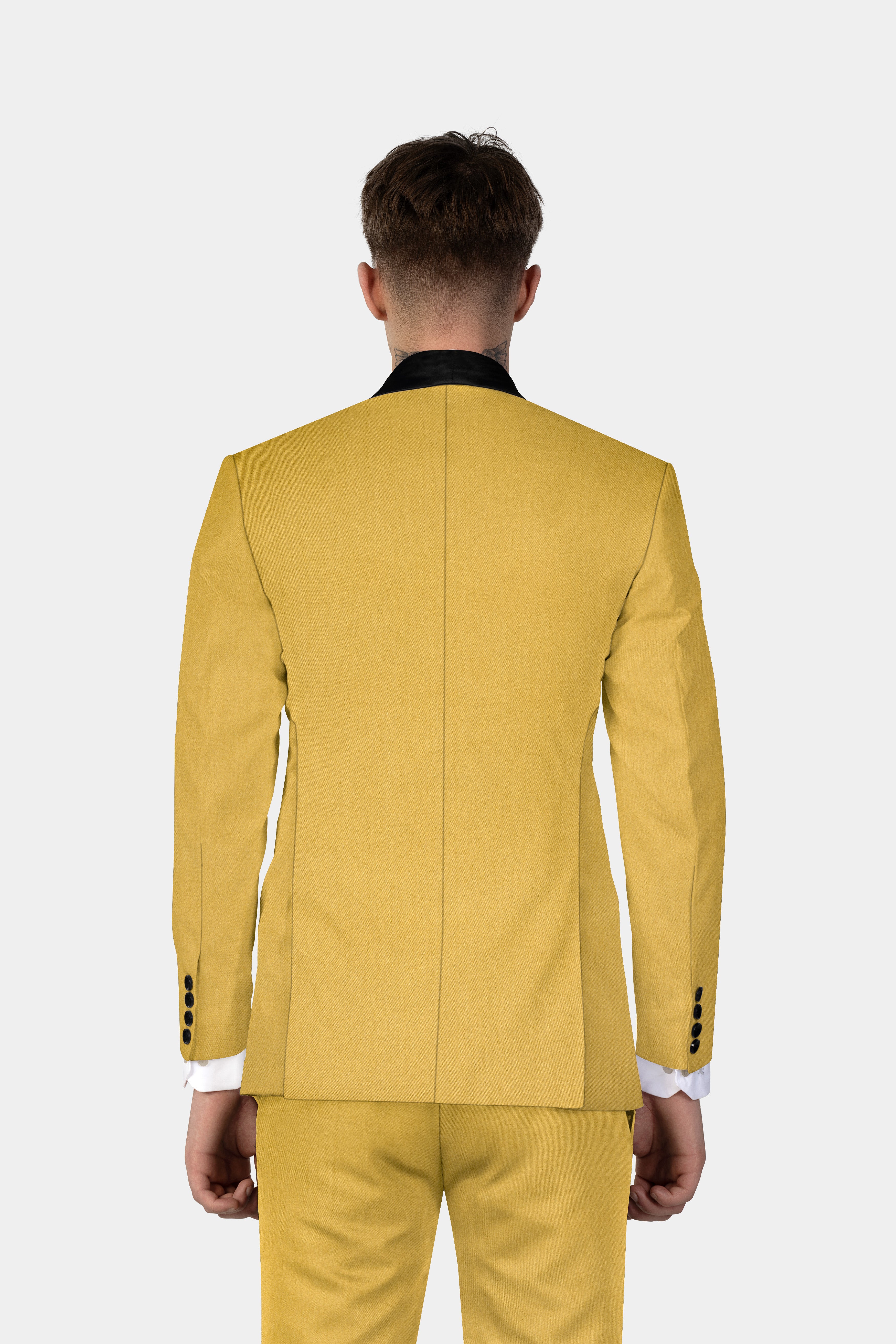 Camel Yellow Solid Cotton Tuxedo Blazer