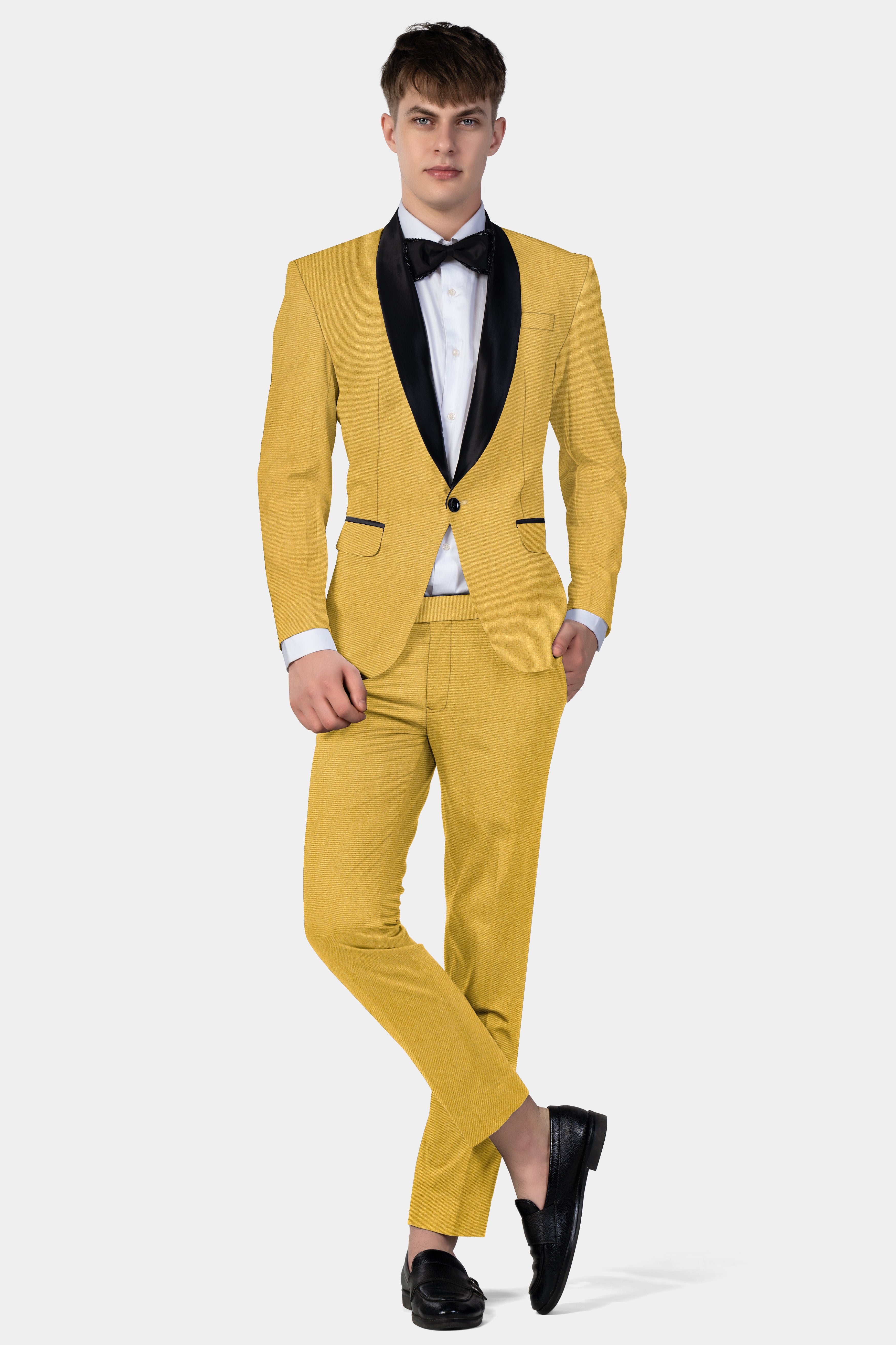 Camel Yellow Solid Cotton Tuxedo Blazer