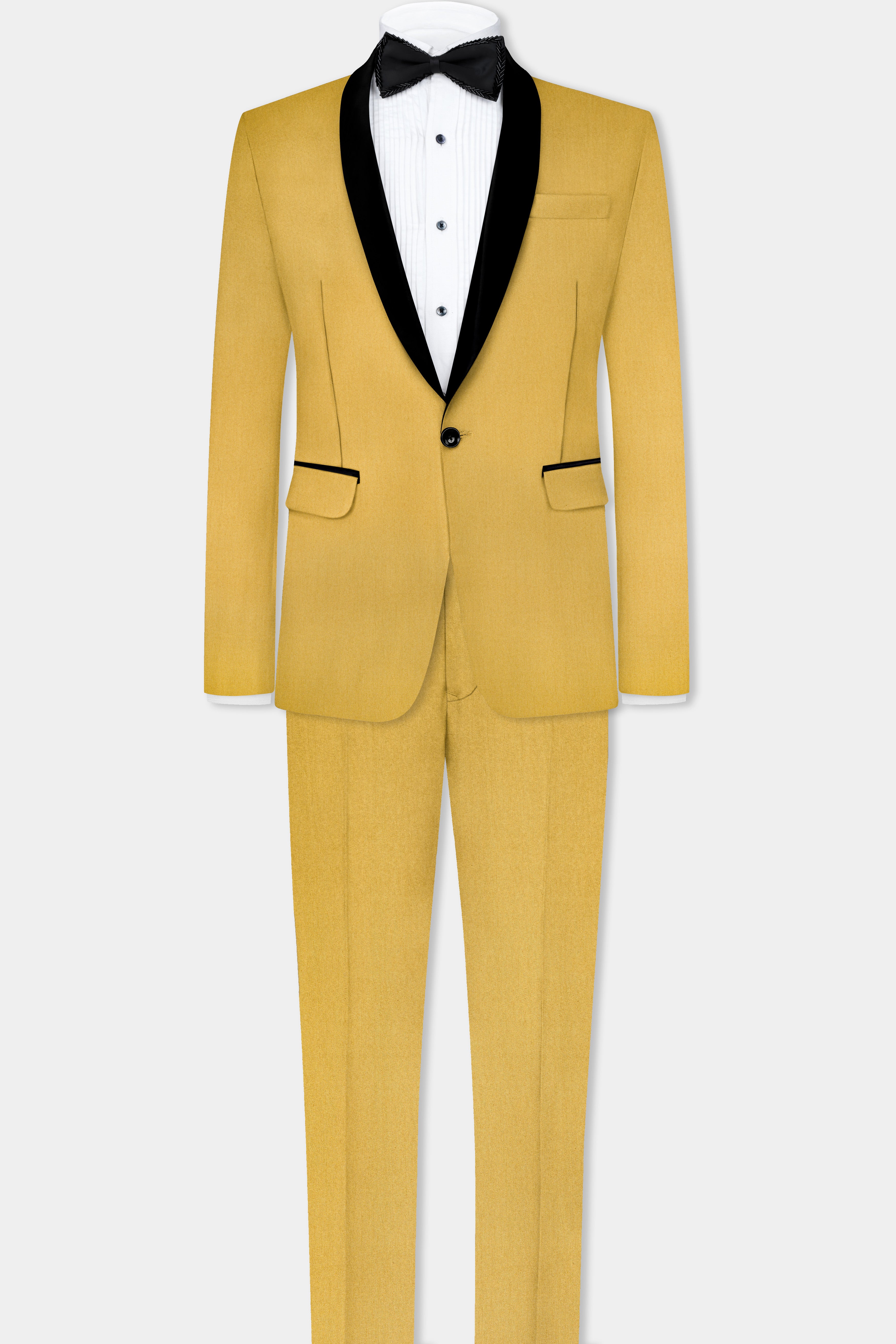 Camel Yellow Solid Cotton Tuxedo Blazer