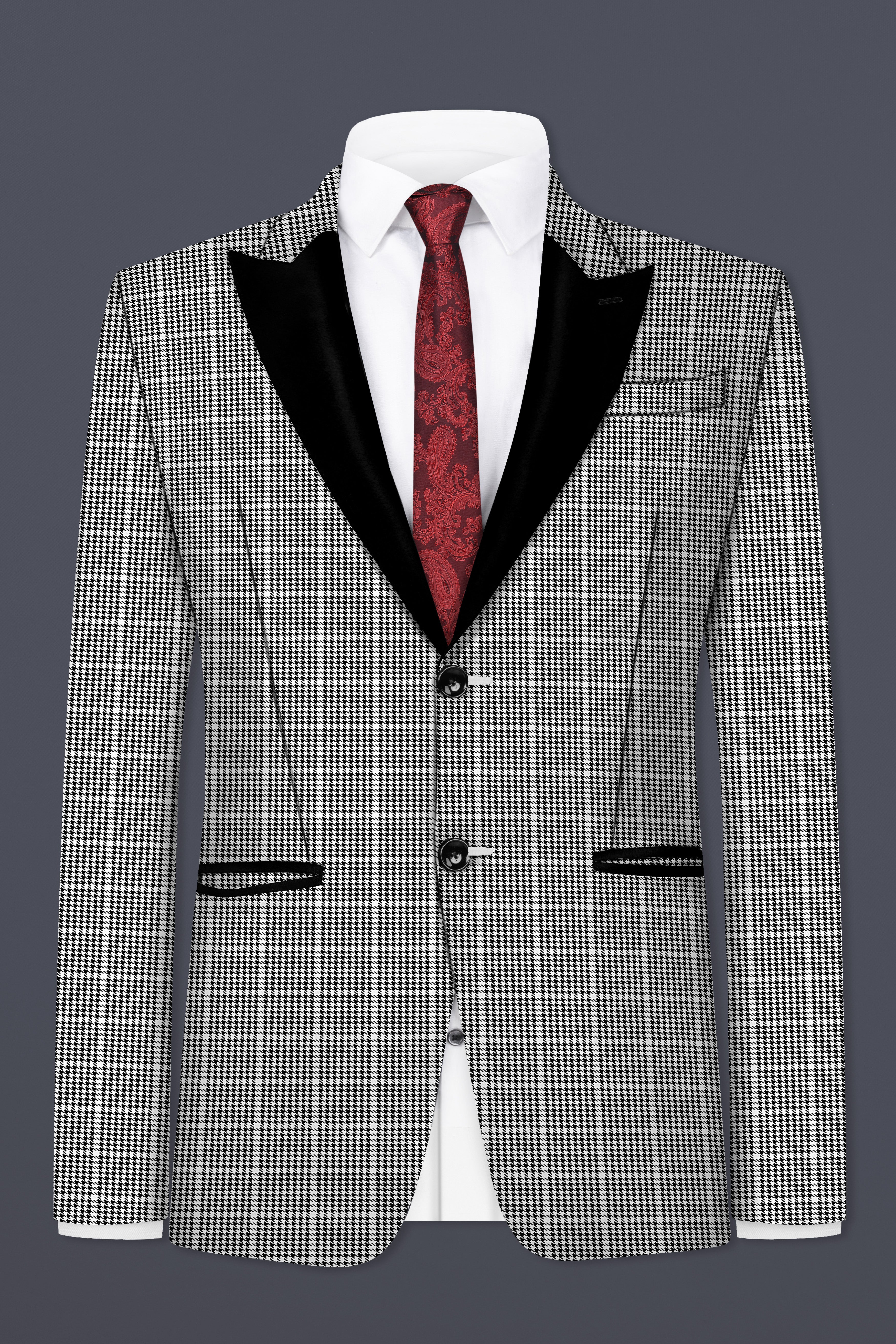 Black and White Houndstooth Windowpane Wool Rich Peak Lapel Tuxedo Blazer