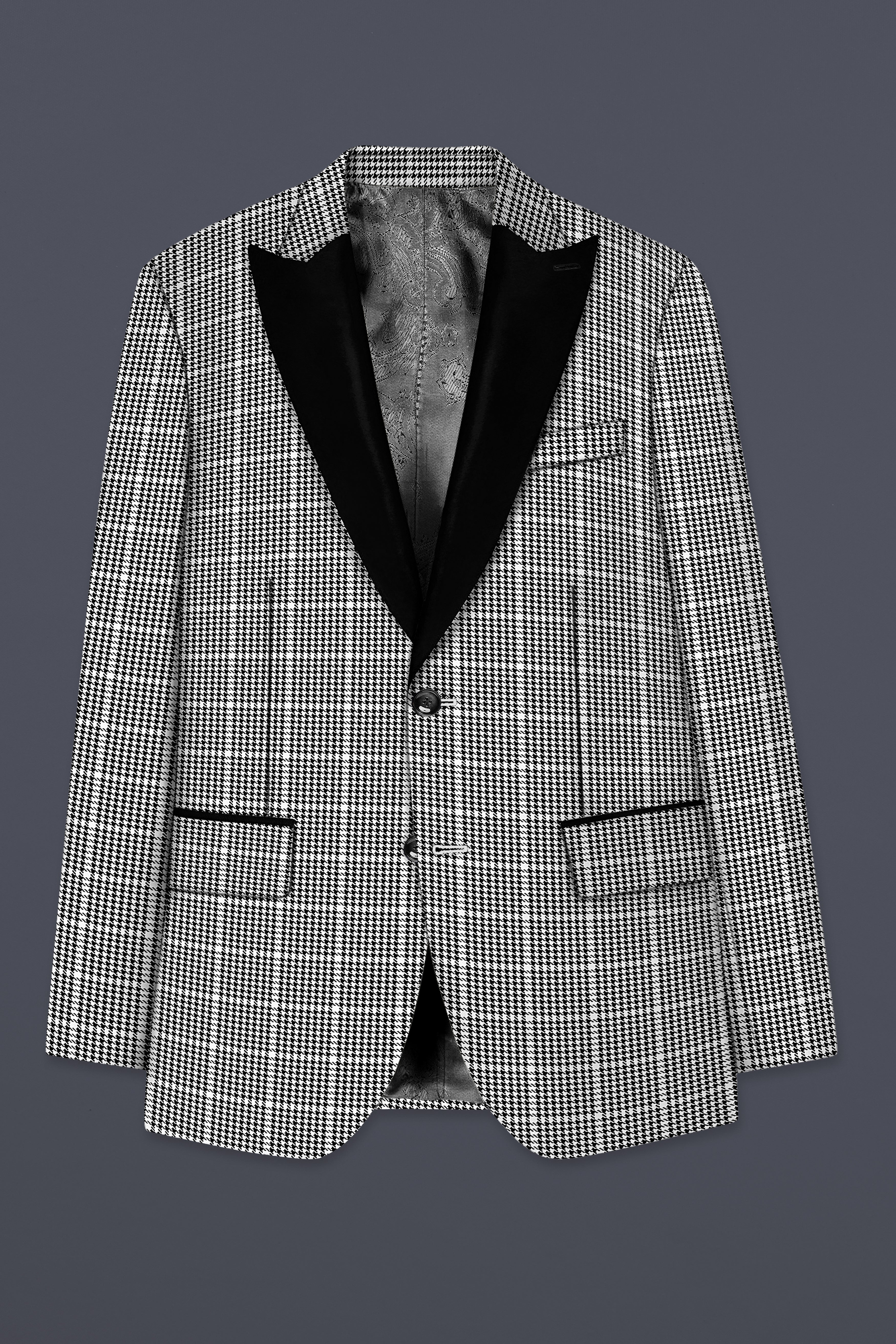 Black and White Houndstooth Windowpane Wool Rich Peak Lapel Tuxedo Blazer