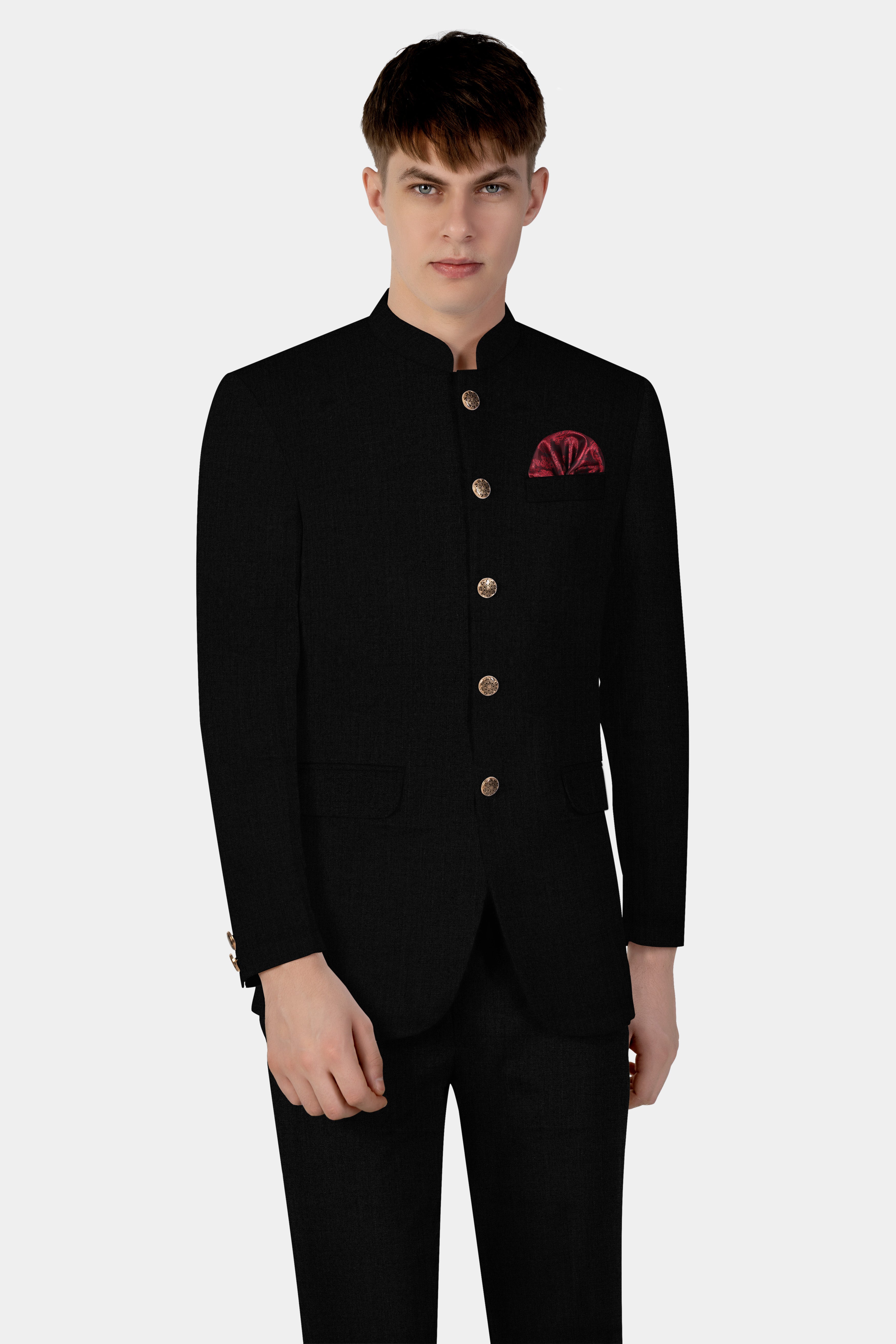 Jade Black Wool Blend Bandhgala Stretchable Blazer