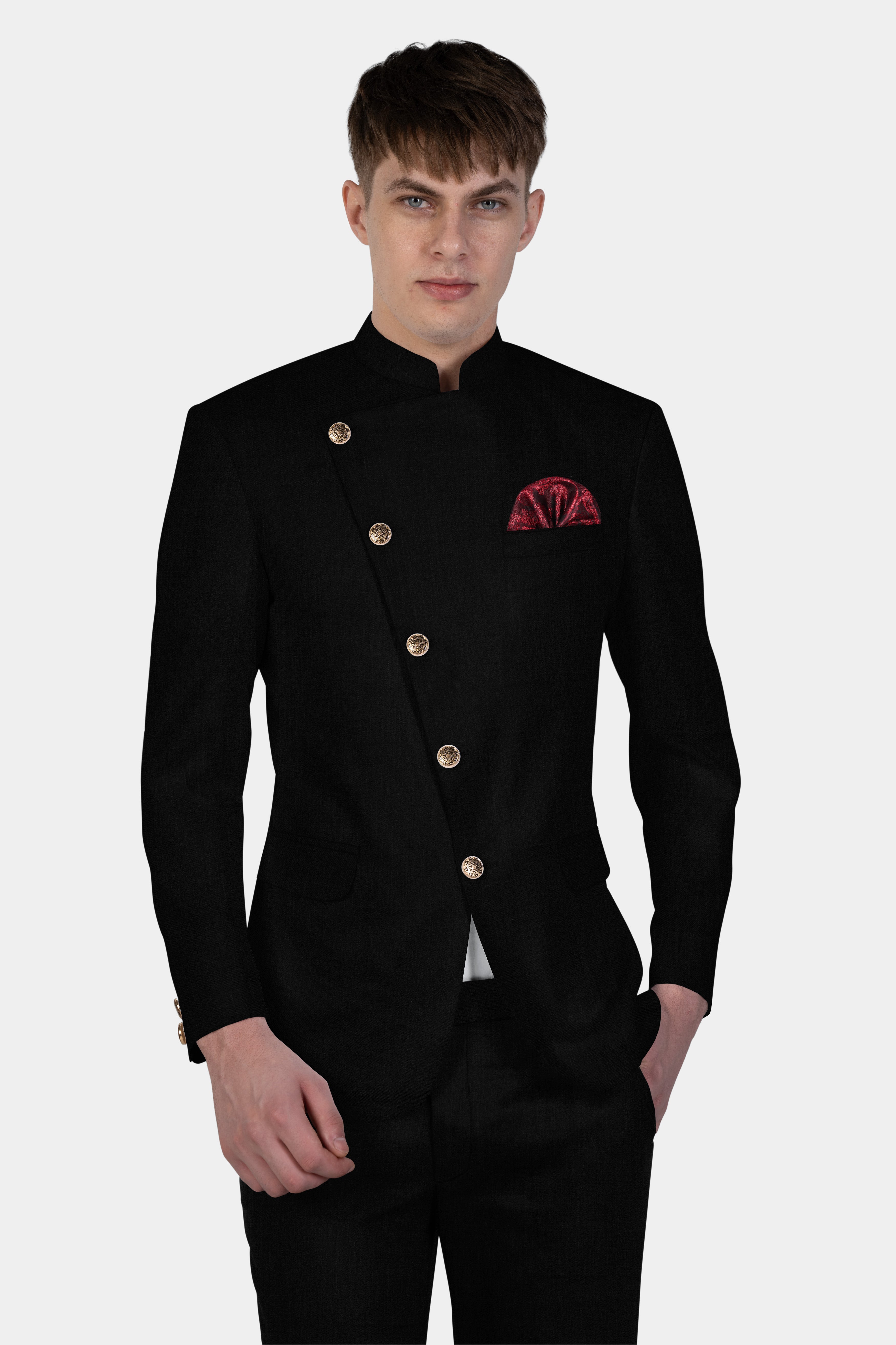 Jade Black Wool Blend Cross Placket Bandhgala Blazer