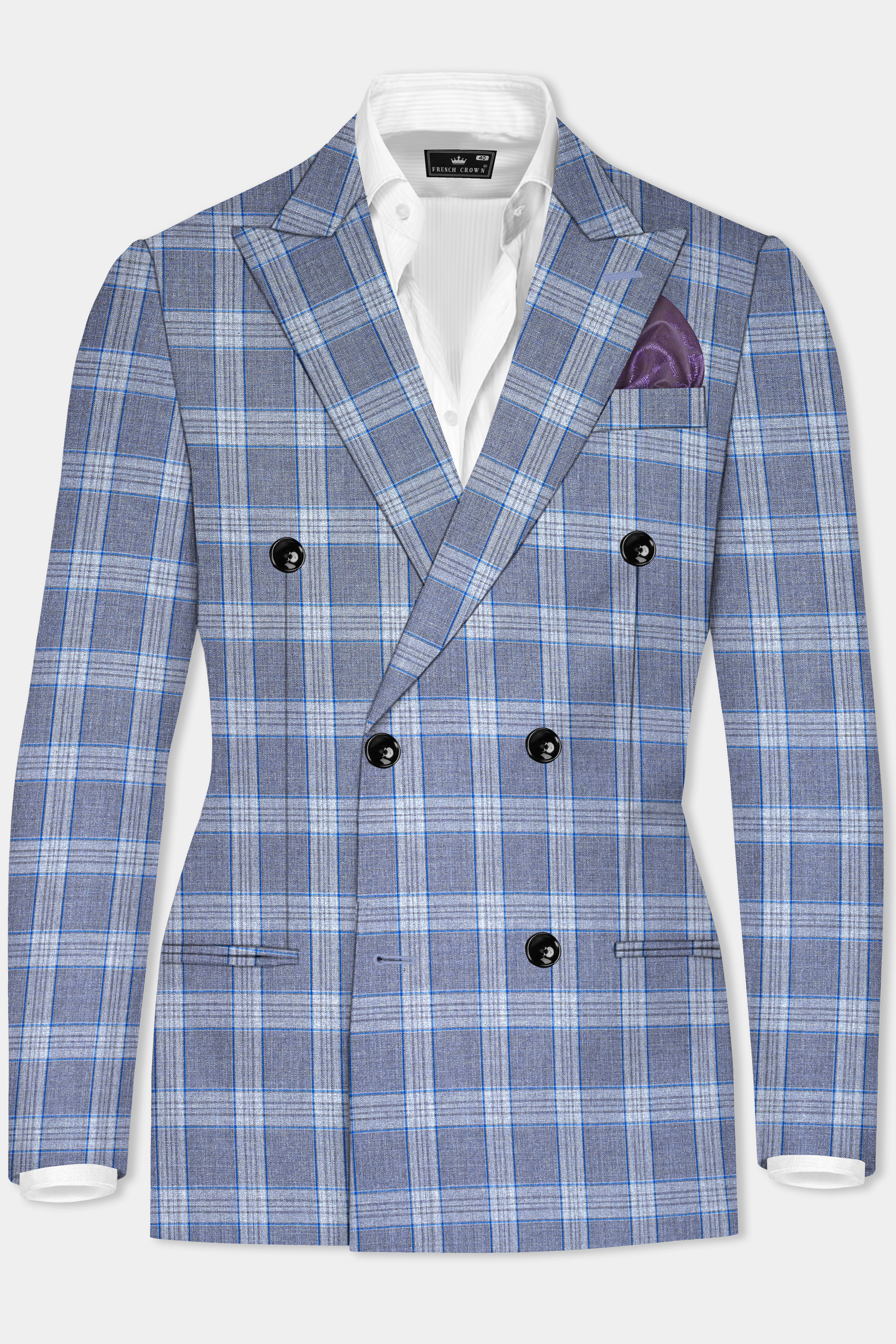 Amethyst Smoke Blue Checked Wool Blend Double Breasted Blazer