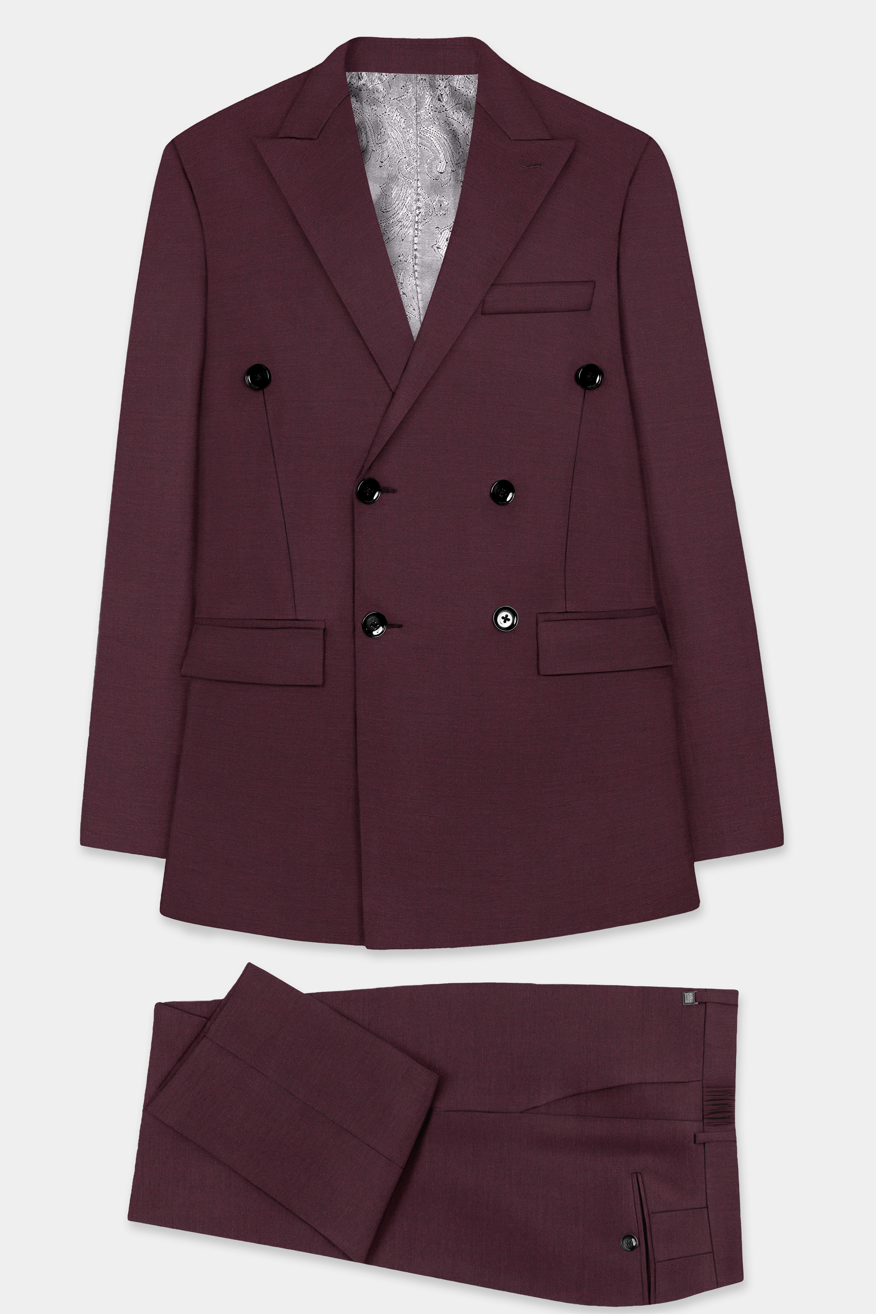 Crater Maroon Solid Wool Blend Double Breasted Blazer