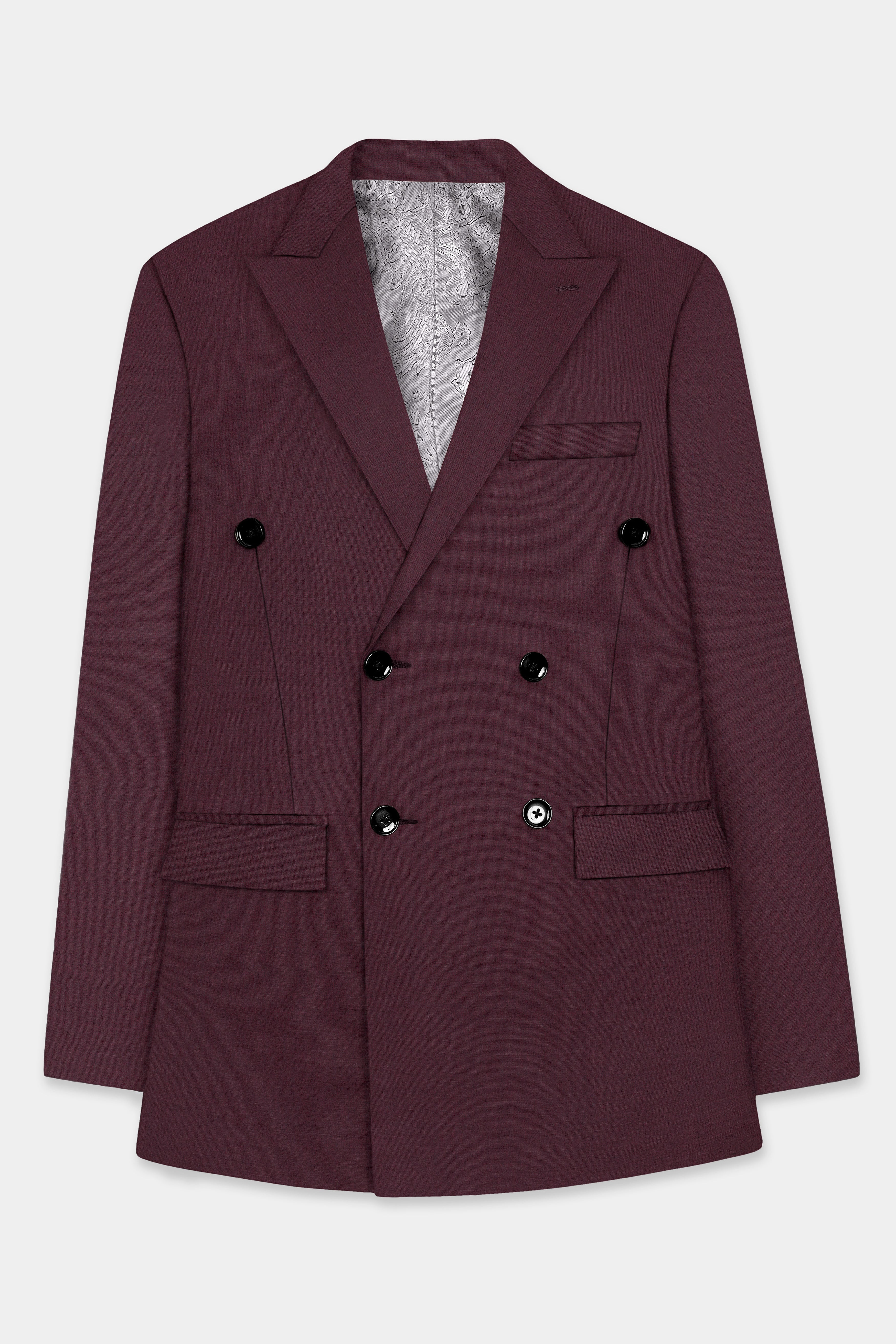 Crater Maroon Solid Wool Blend Double Breasted Blazer