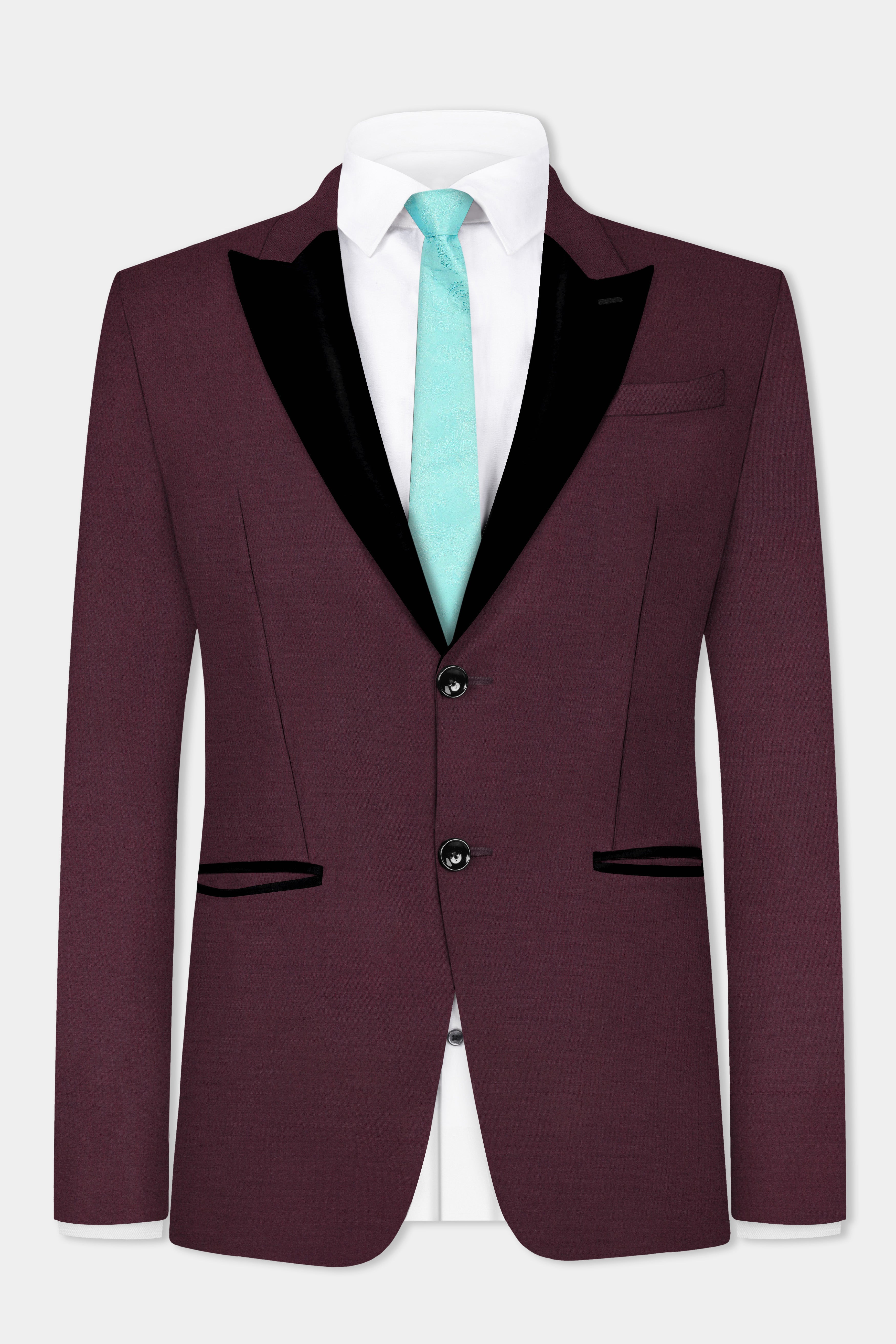 Crater Maroon Solid Wool Blend Peak Collar Tuxedo Blazer