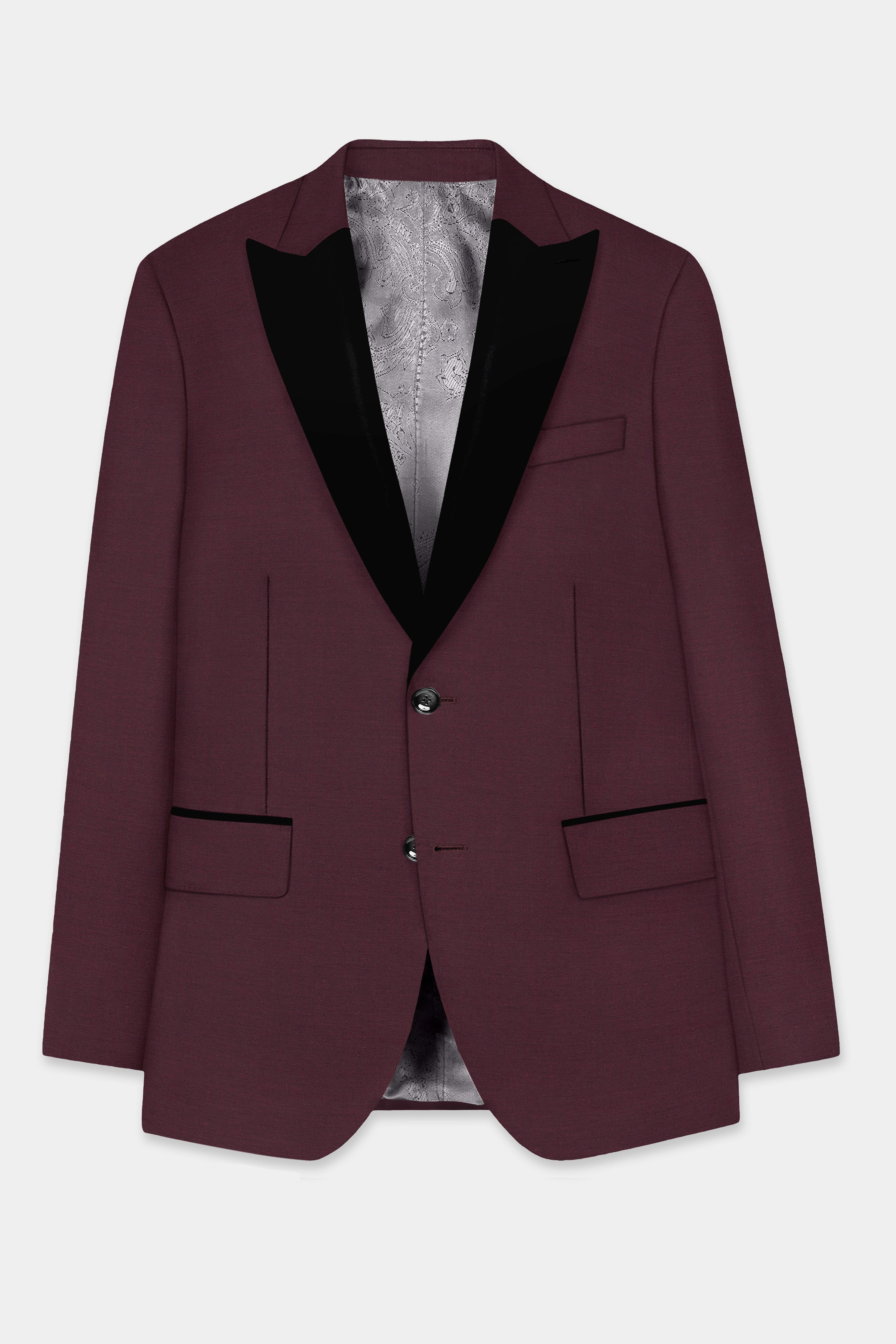 Crater Maroon Solid Wool Blend Peak Collar Tuxedo Blazer