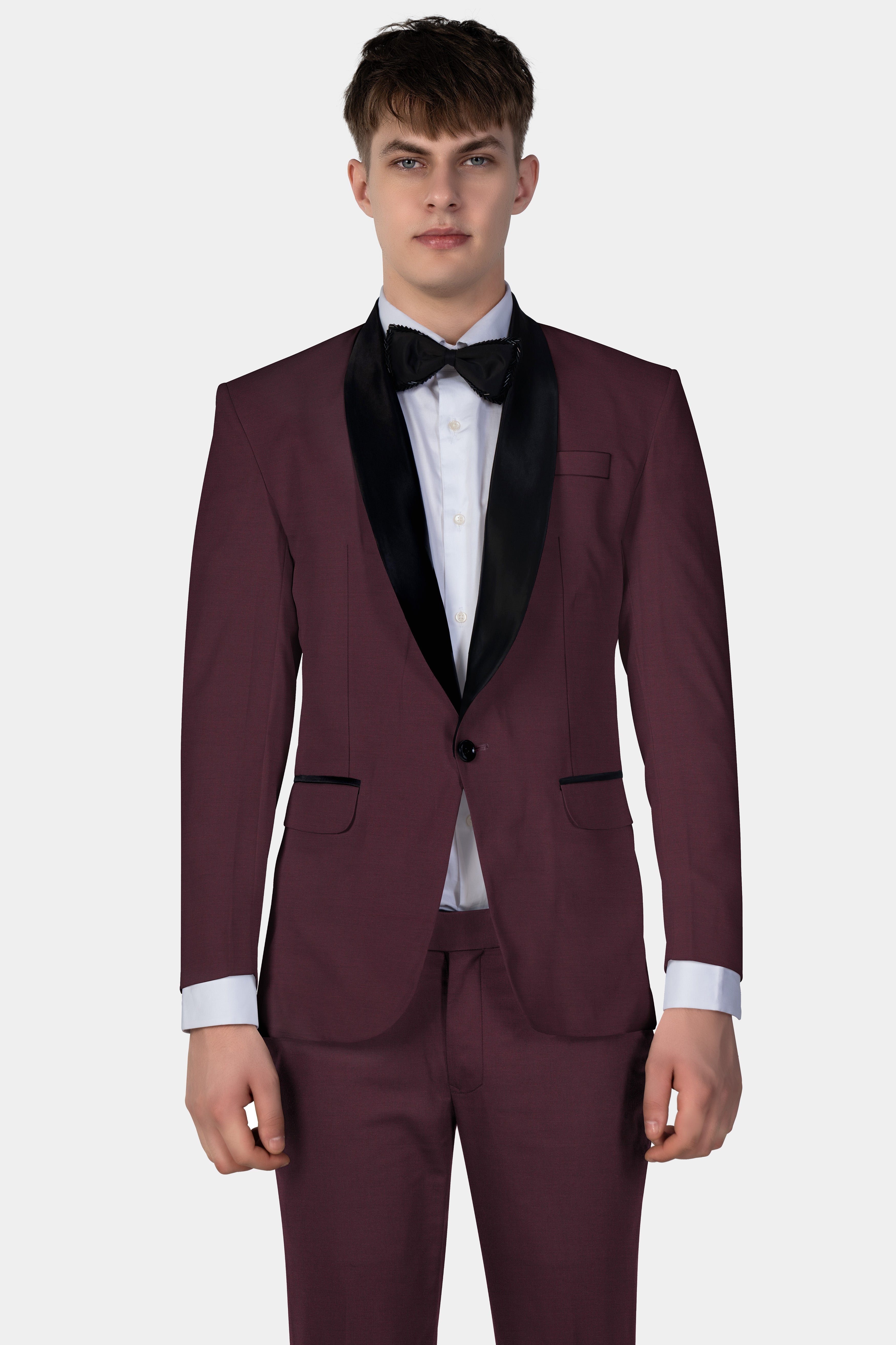 Crater Maroon Solid Wool Blend Tuxedo Blazer