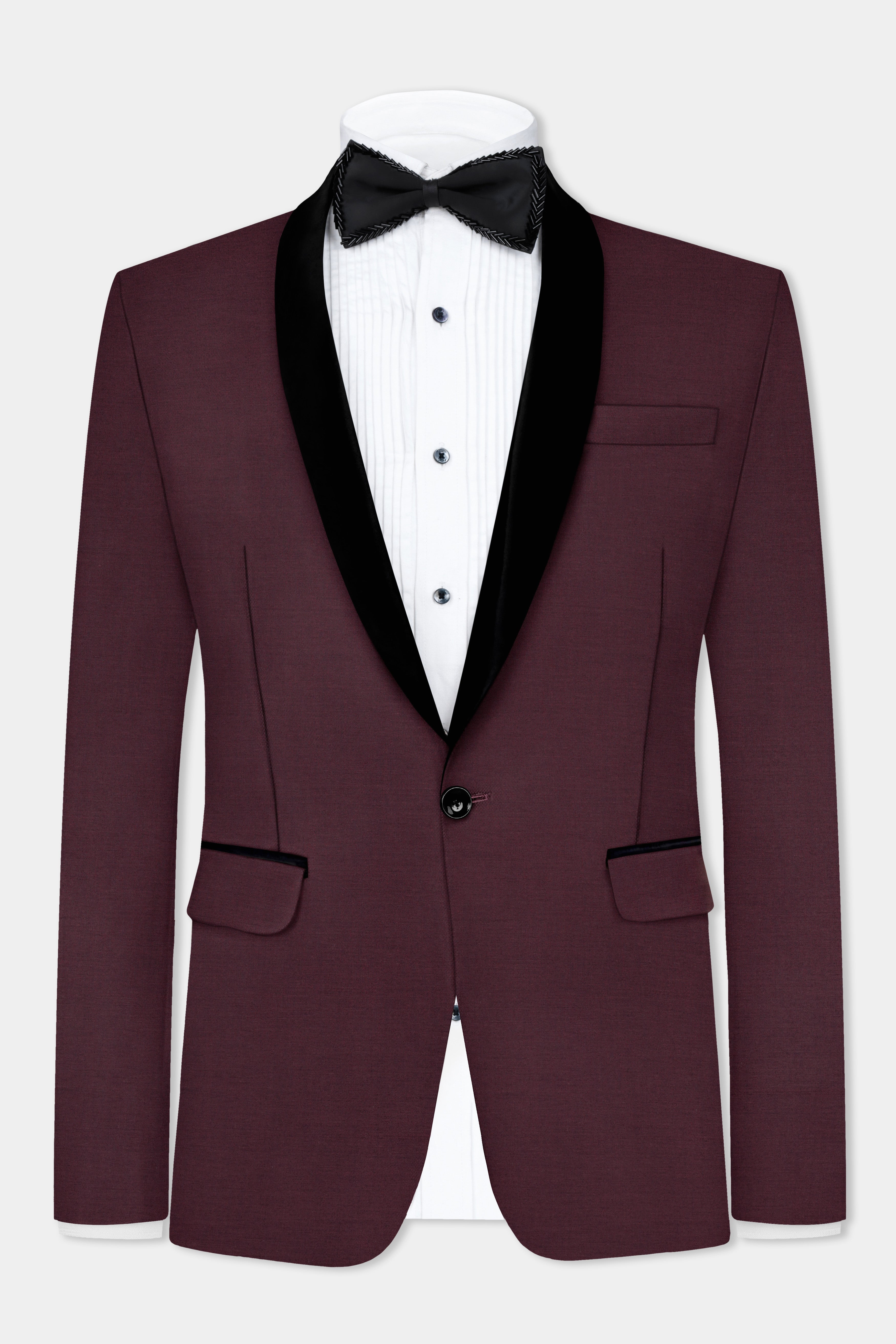 Crater Maroon Solid Wool Blend Tuxedo Blazer