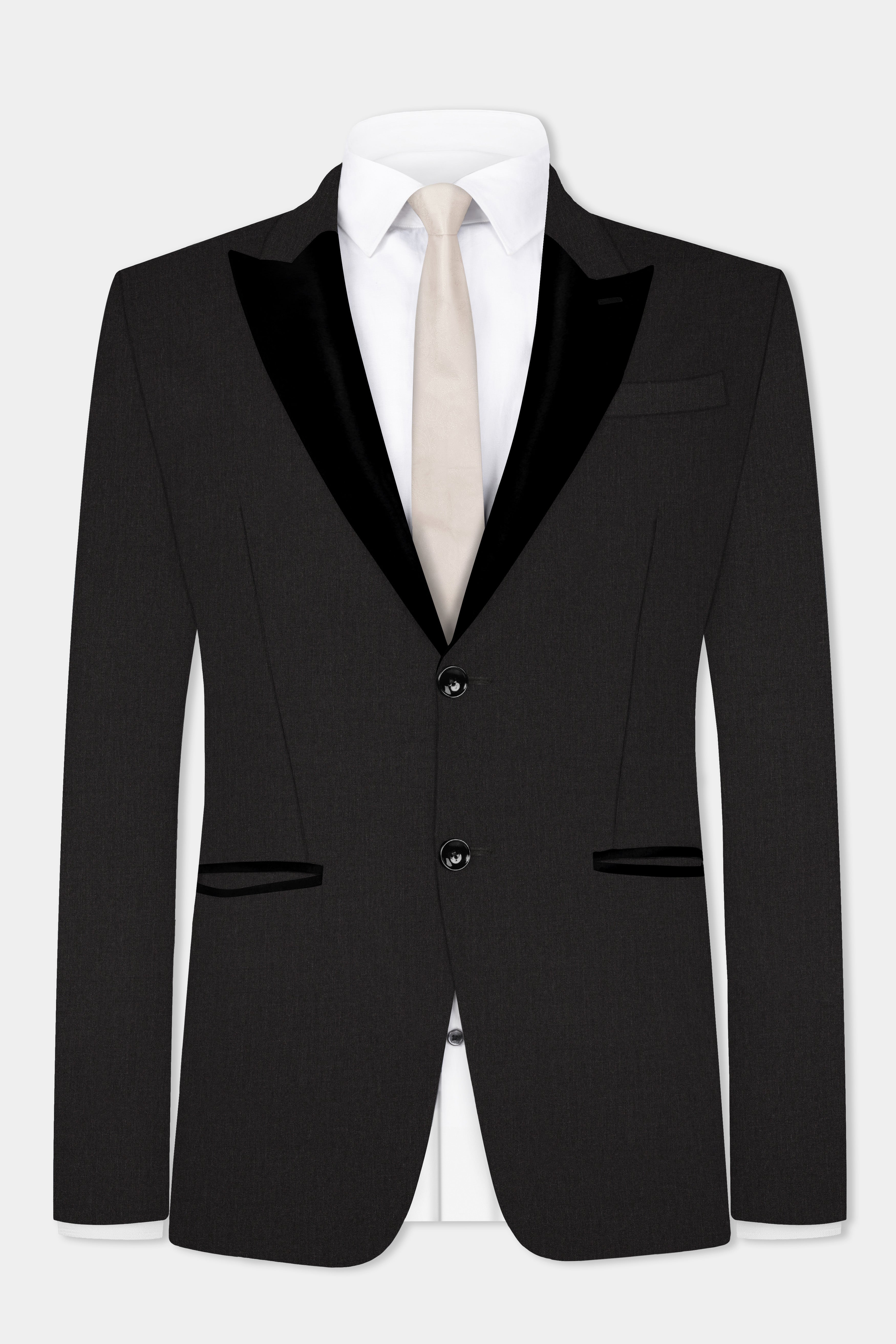 Shark Gray Stretchable Wool Blend Peak Collar Tuxedo Blazer