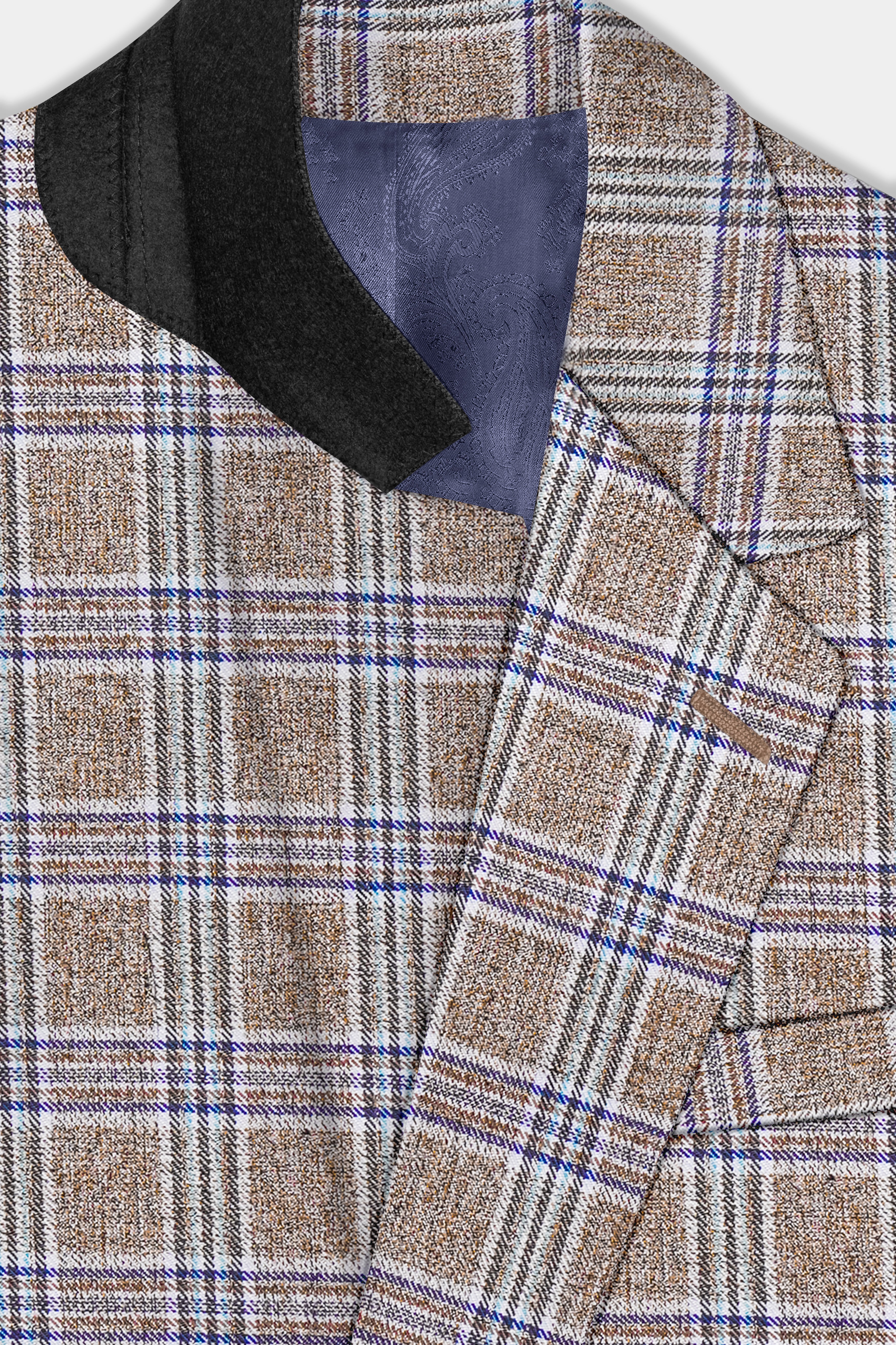 Shadow Brown with Rhino Blue Plaid Wool Blend Single Breasted Blazer