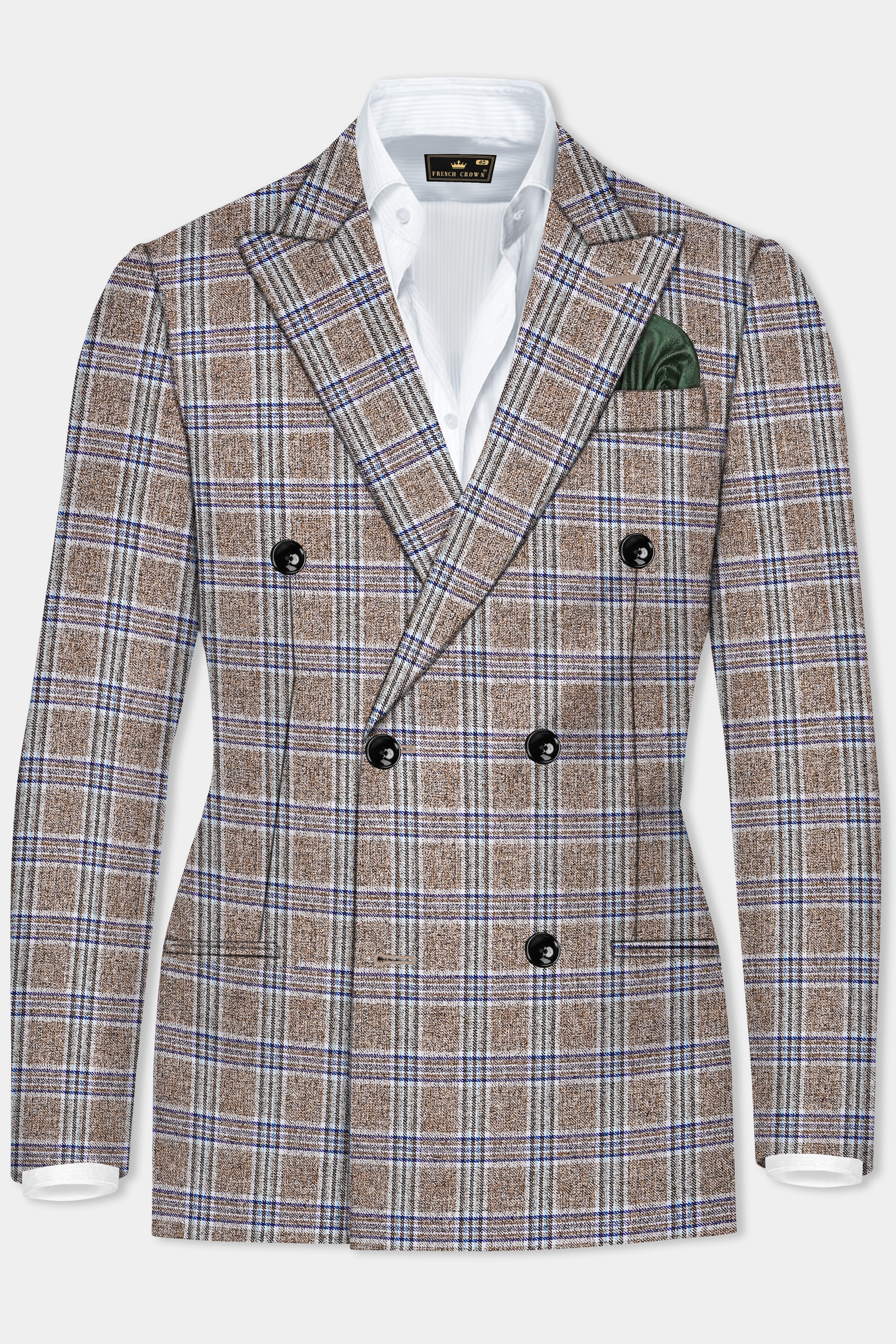 Shadow Brown with Rhino Blue Plaid Wool Blend Double Breasted Blazer