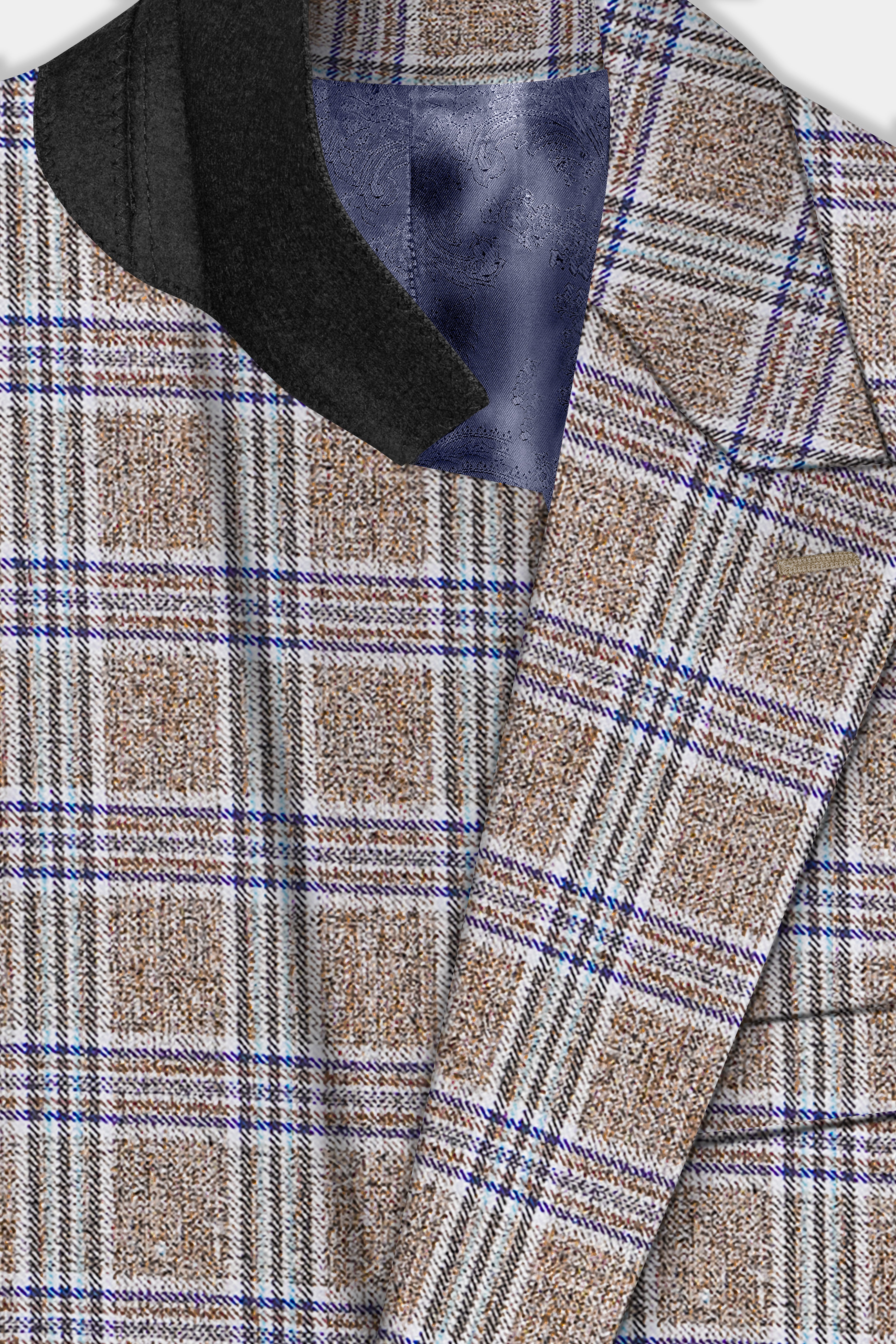 Shadow Brown with Rhino Blue Plaid Wool Blend Double Breasted Blazer