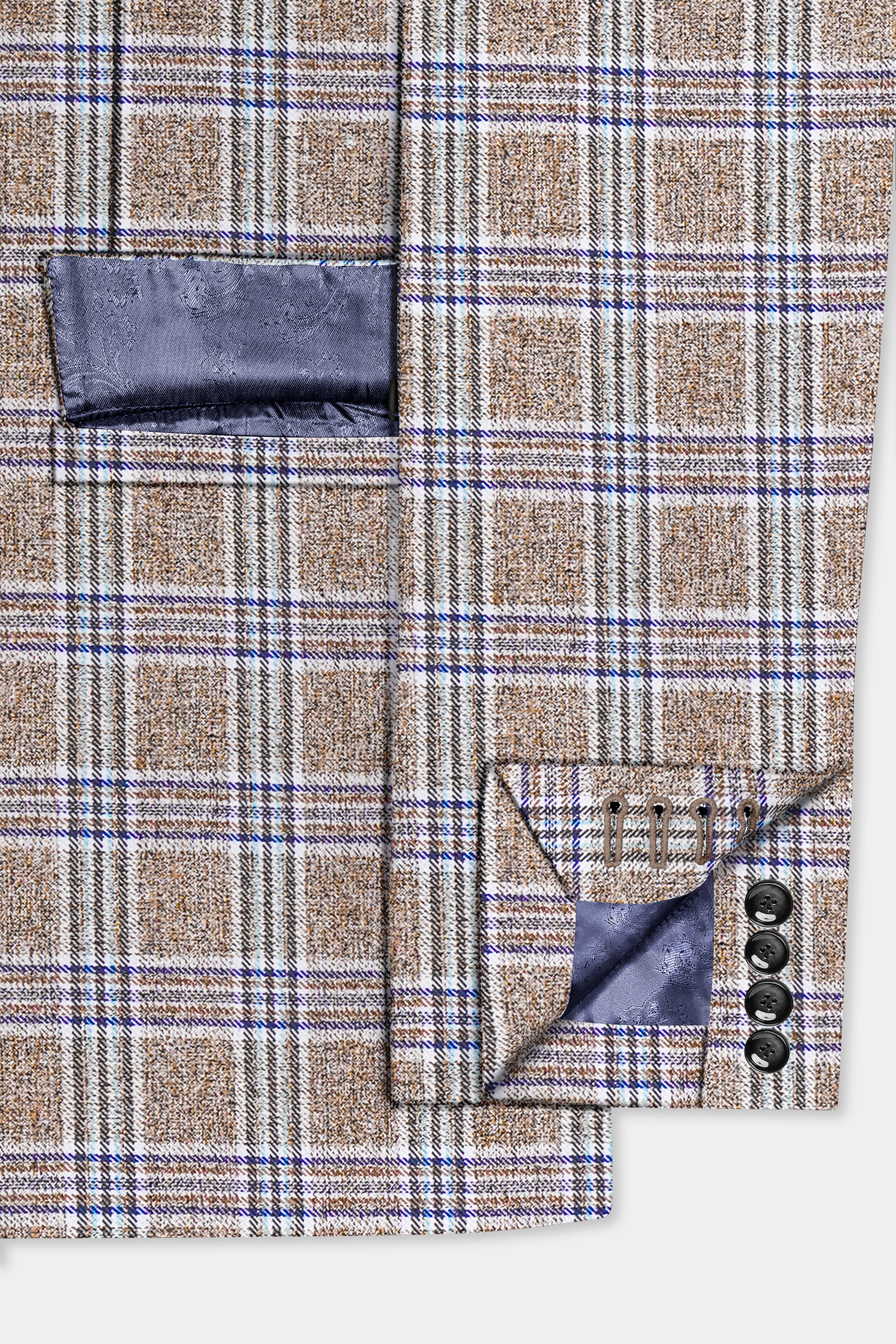 Shadow Brown with Rhino Blue Plaid Wool Blend Double Breasted Blazer