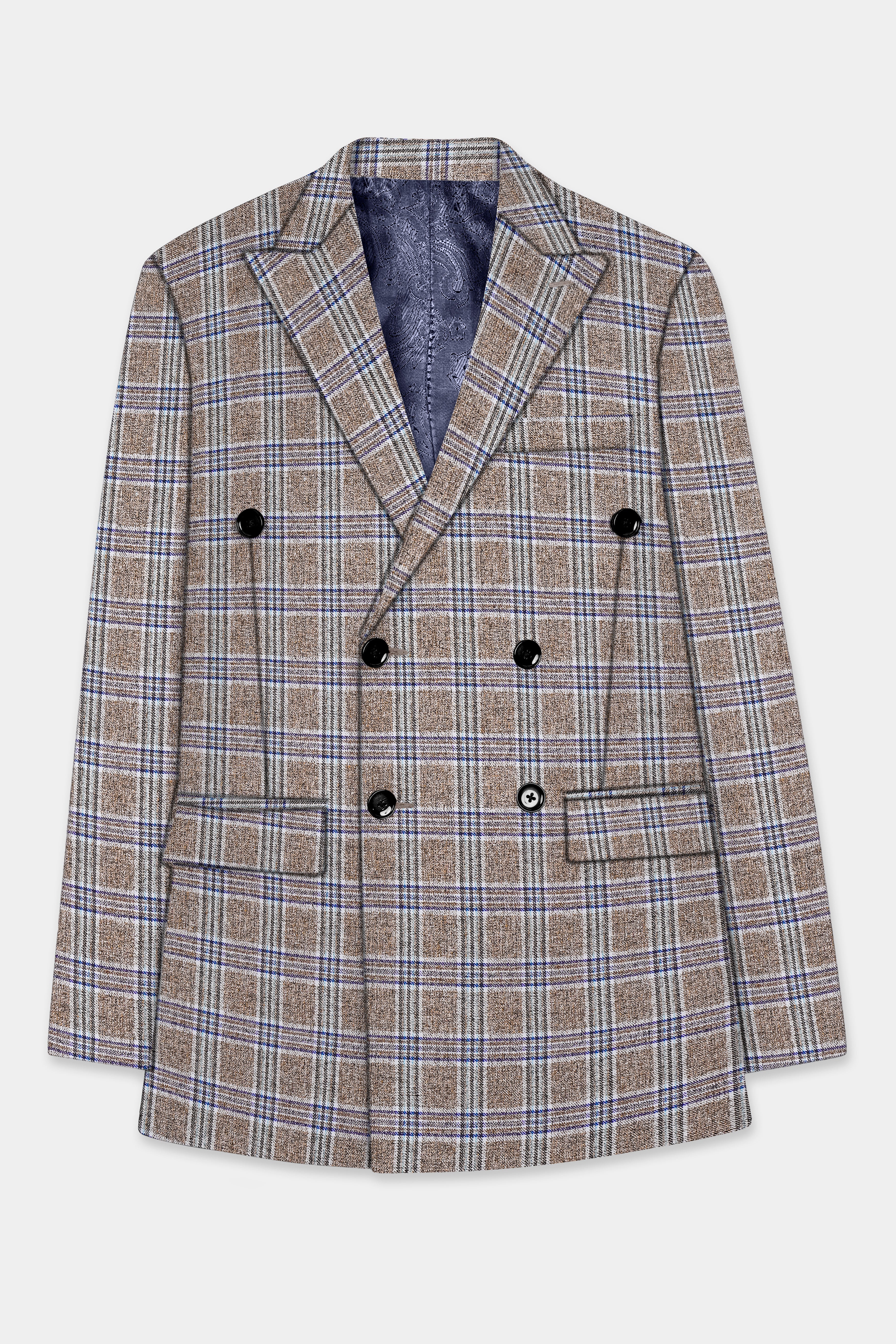 Shadow Brown with Rhino Blue Plaid Wool Blend Double Breasted Blazer