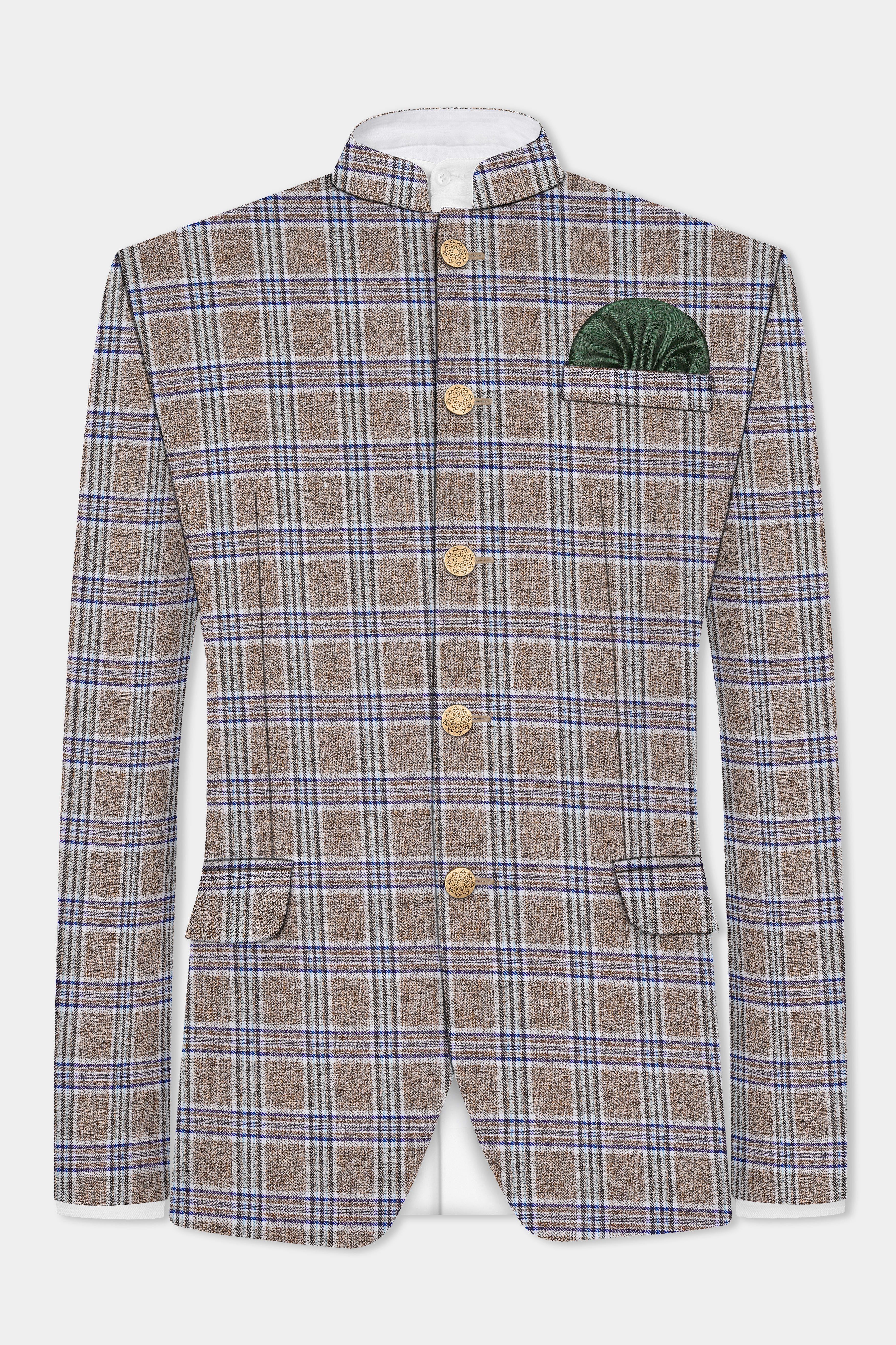 Shadow Brown with Rhino Blue Plaid Wool Blend Bandhgala Blazer