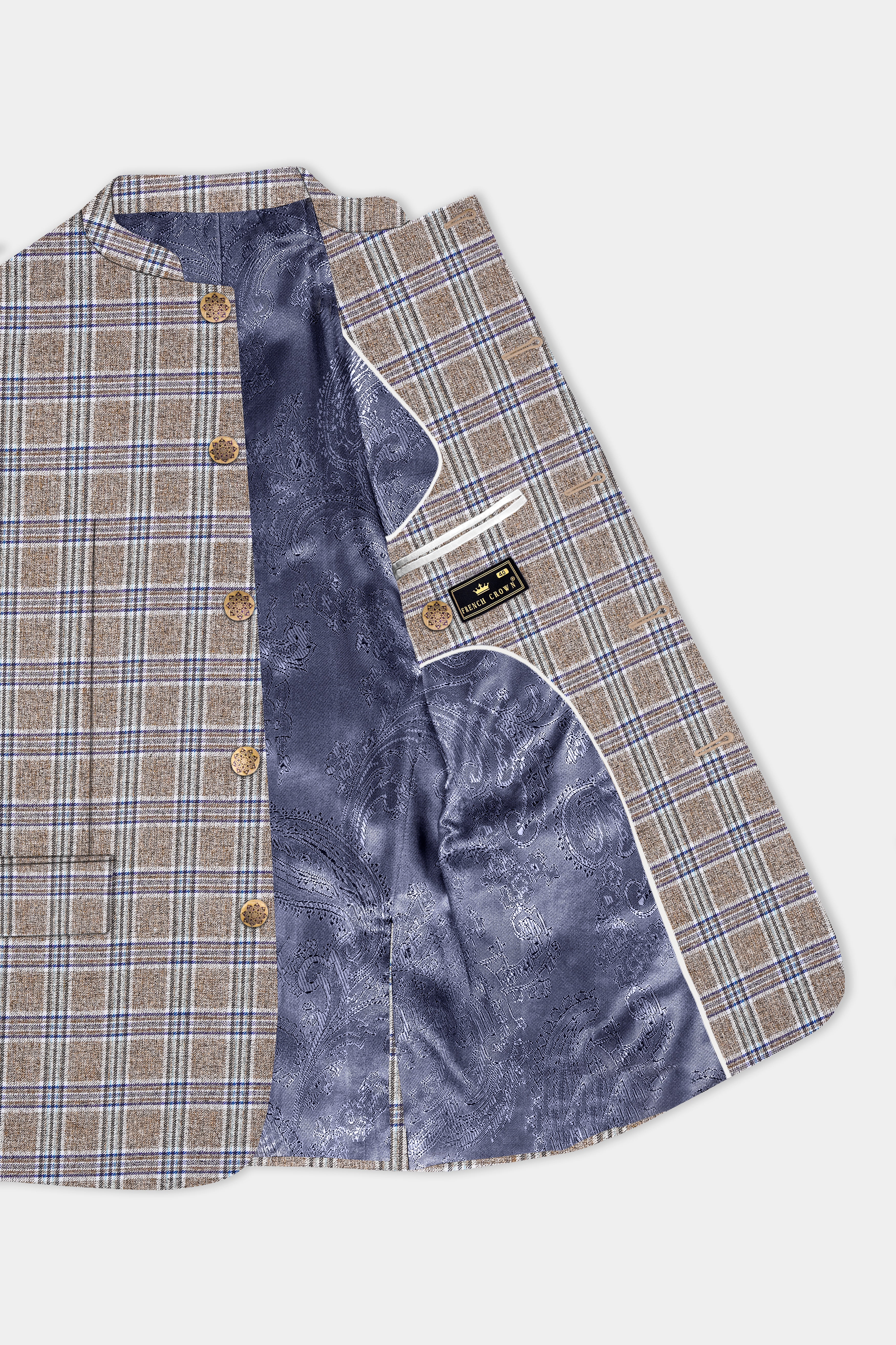 Shadow Brown with Rhino Blue Plaid Wool Blend Bandhgala Blazer