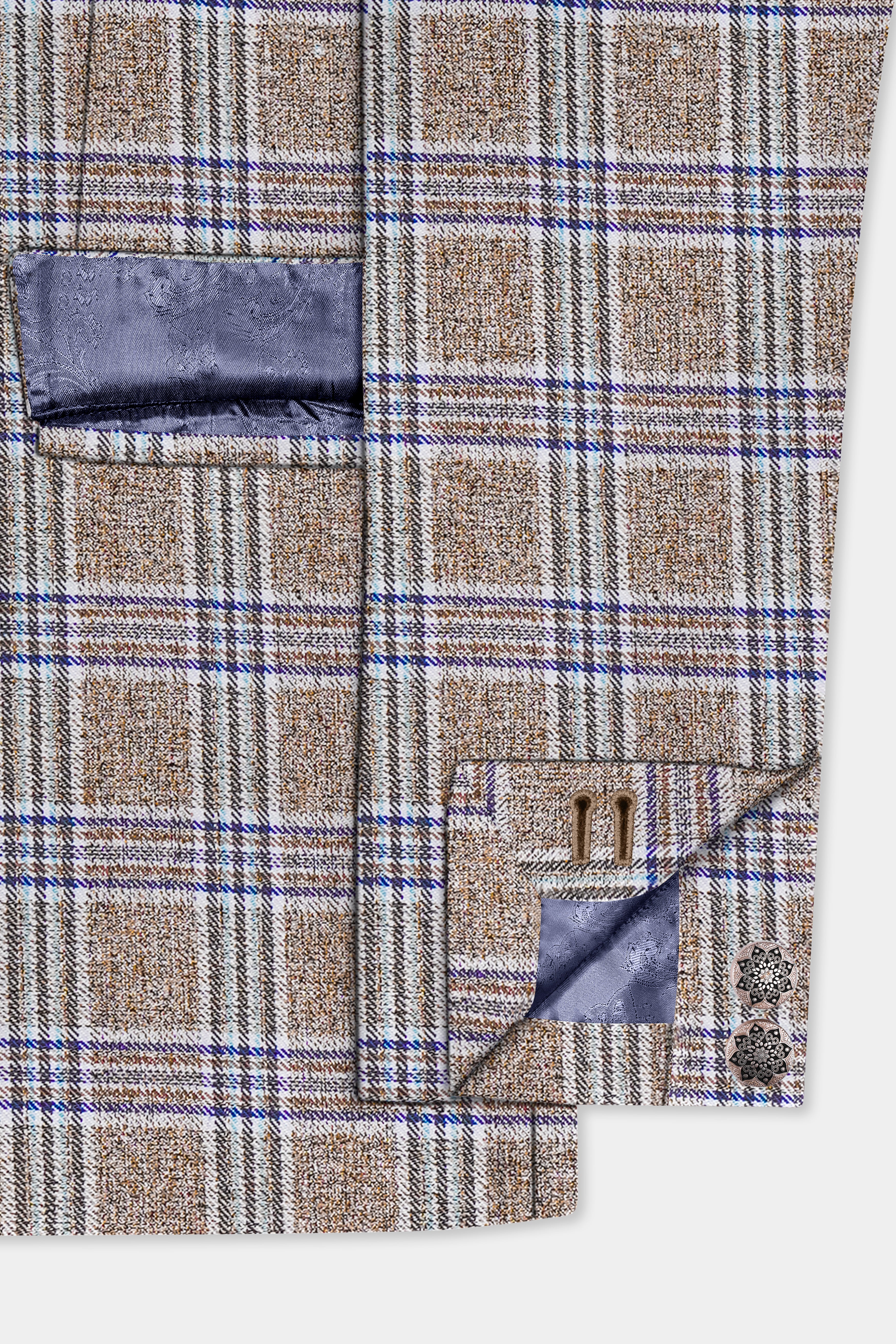 Shadow Brown with Rhino Blue Plaid Wool Blend Bandhgala Blazer