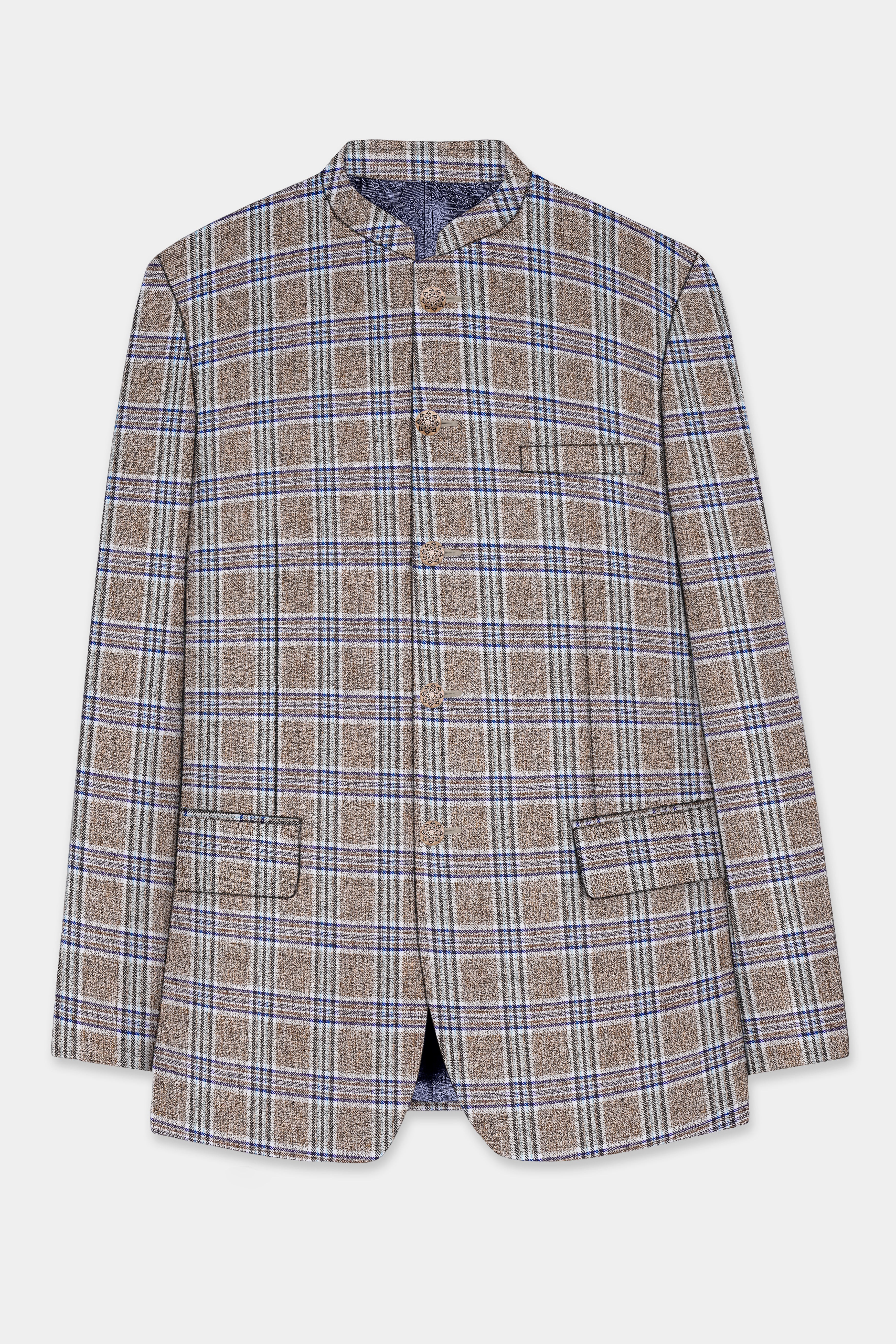 Shadow Brown with Rhino Blue Plaid Wool Blend Bandhgala Blazer