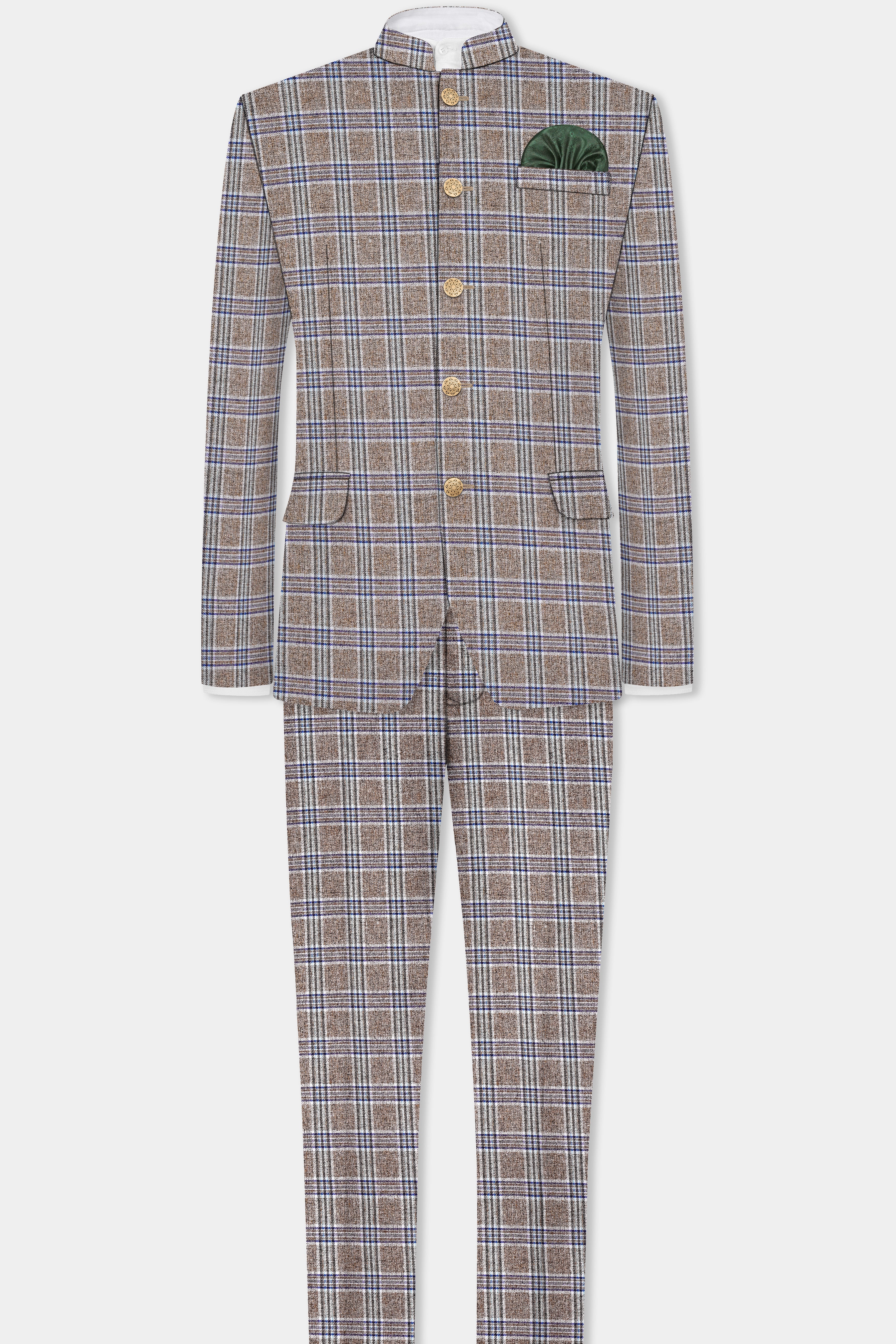 Shadow Brown with Rhino Blue Plaid Wool Blend Bandhgala Blazer