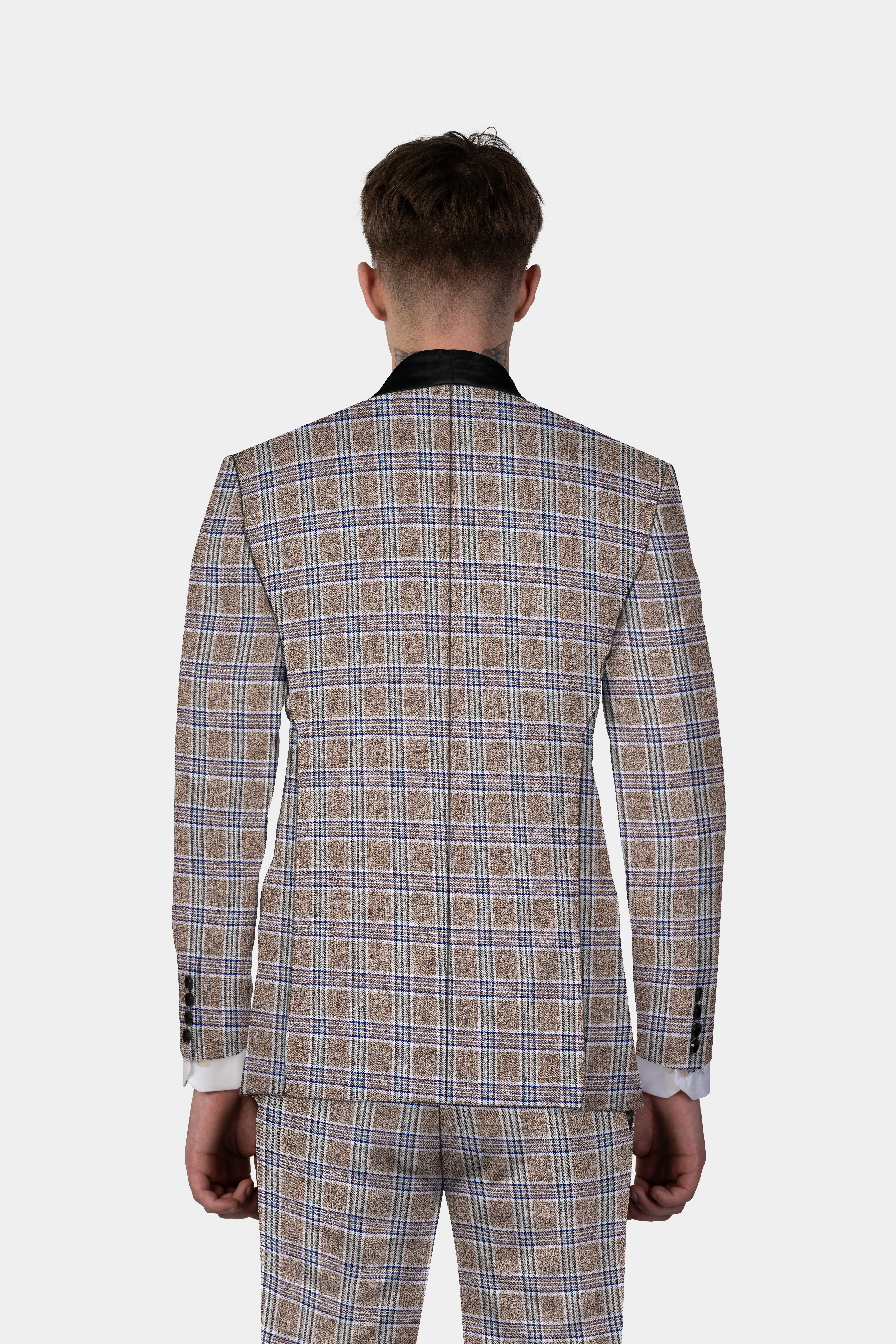 Shadow Brown with Rhino Blue Plaid Wool Blend Tuxedo Blazer