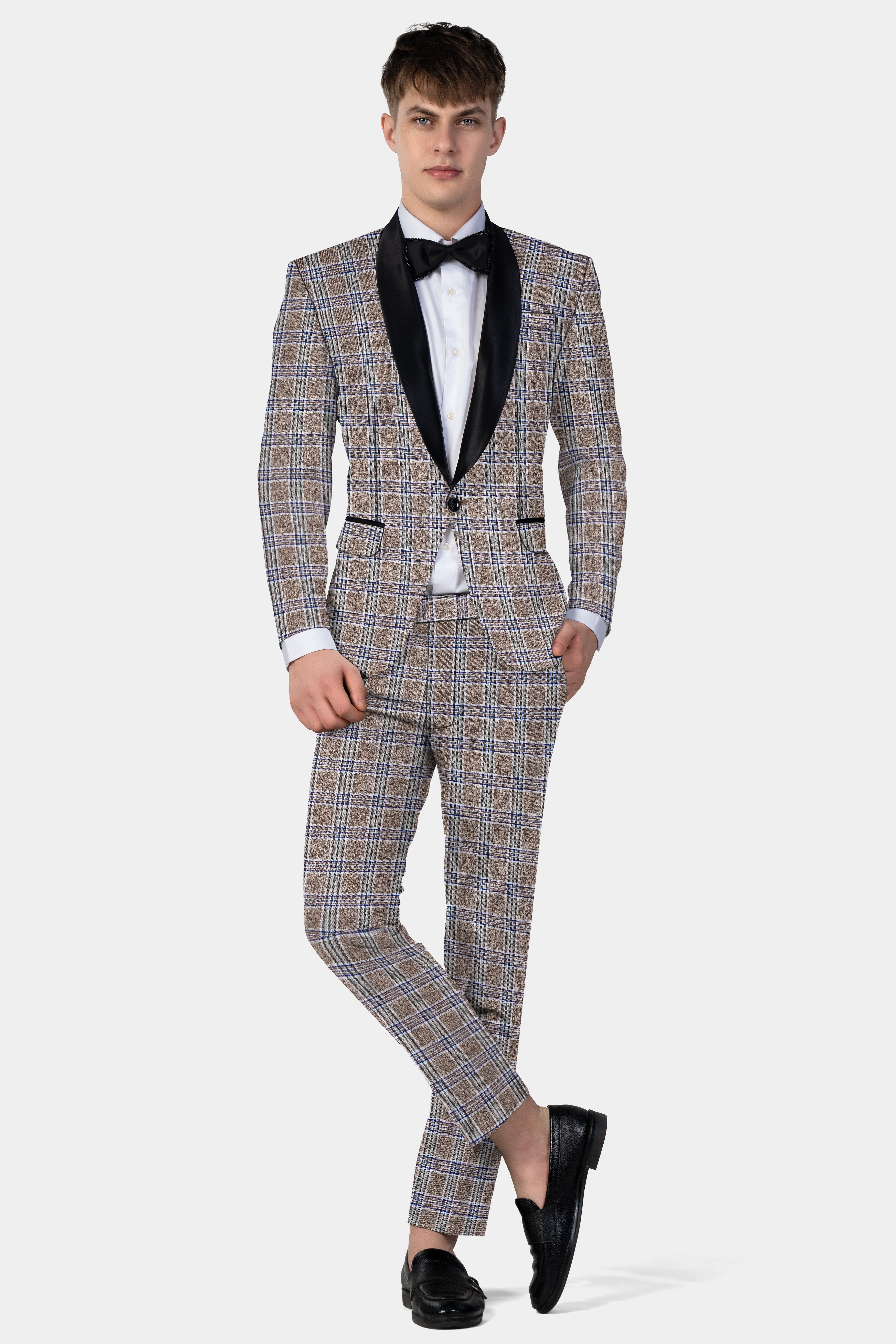 Shadow Brown with Rhino Blue Plaid Wool Blend Tuxedo Blazer