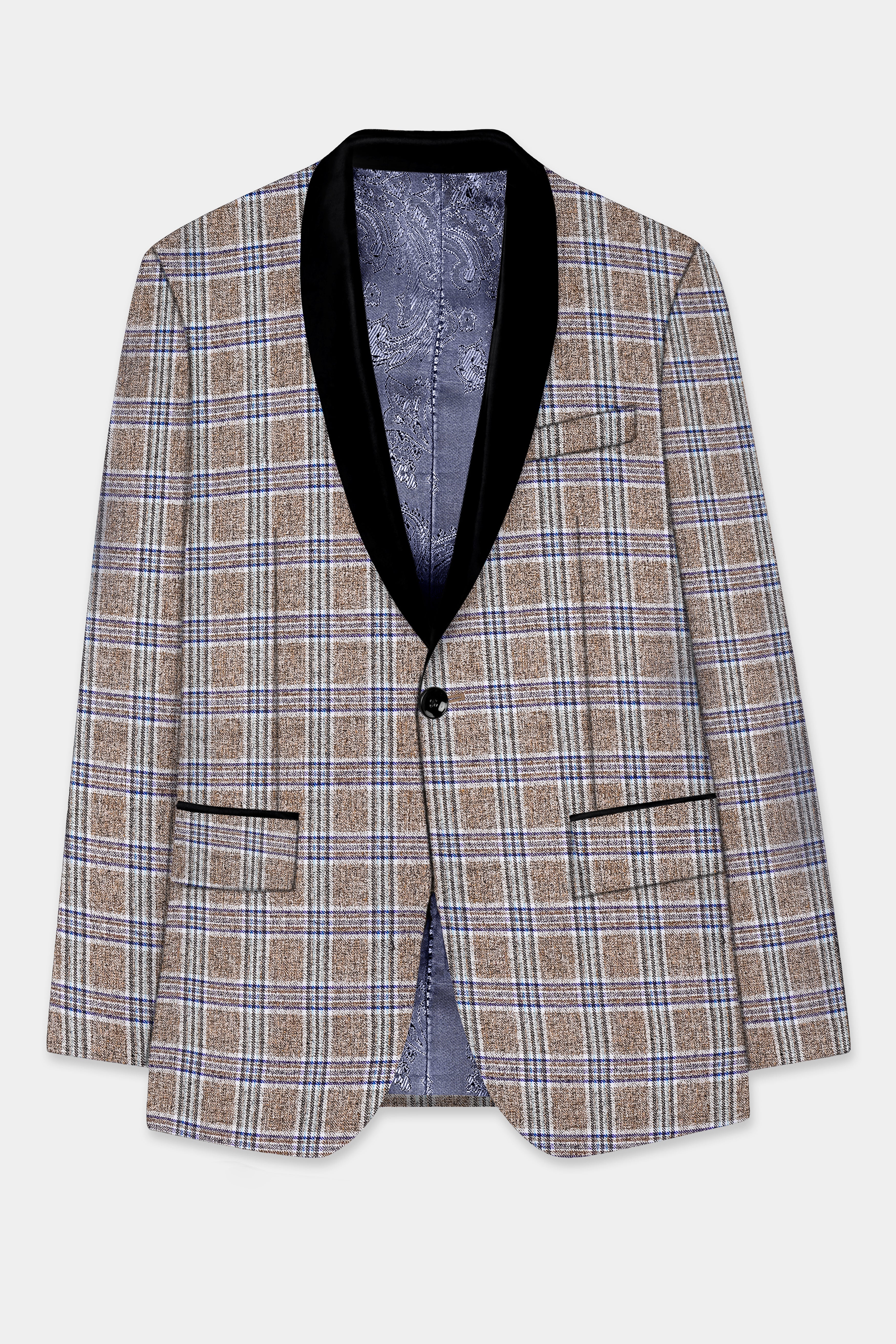 Shadow Brown with Rhino Blue Plaid Wool Blend Tuxedo Blazer