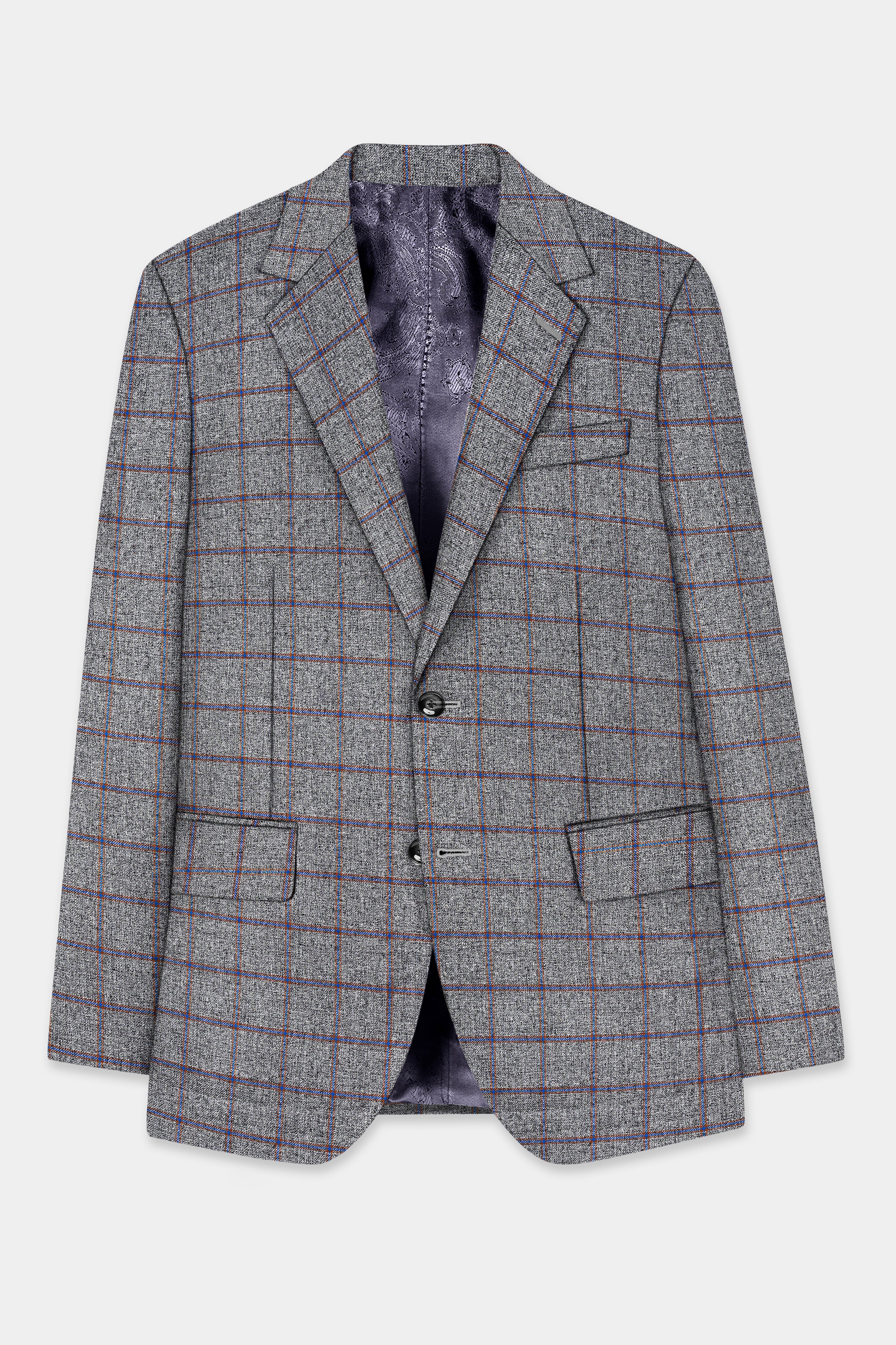 Smokey Gray Windowpane Wool Blend Single Breasted Blazer