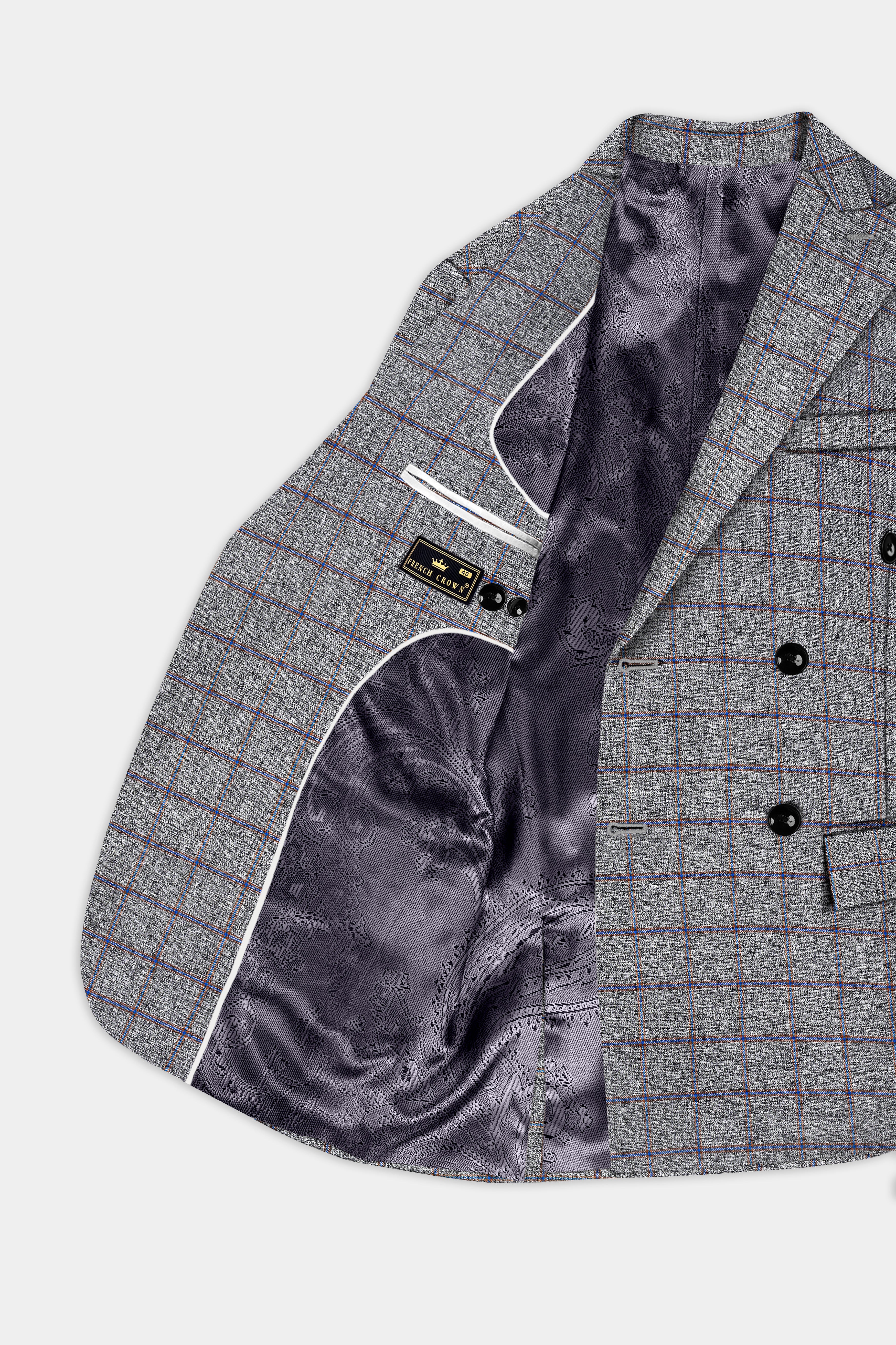 Smokey Gray Windowpane Wool Blend Double Breasted Blazer