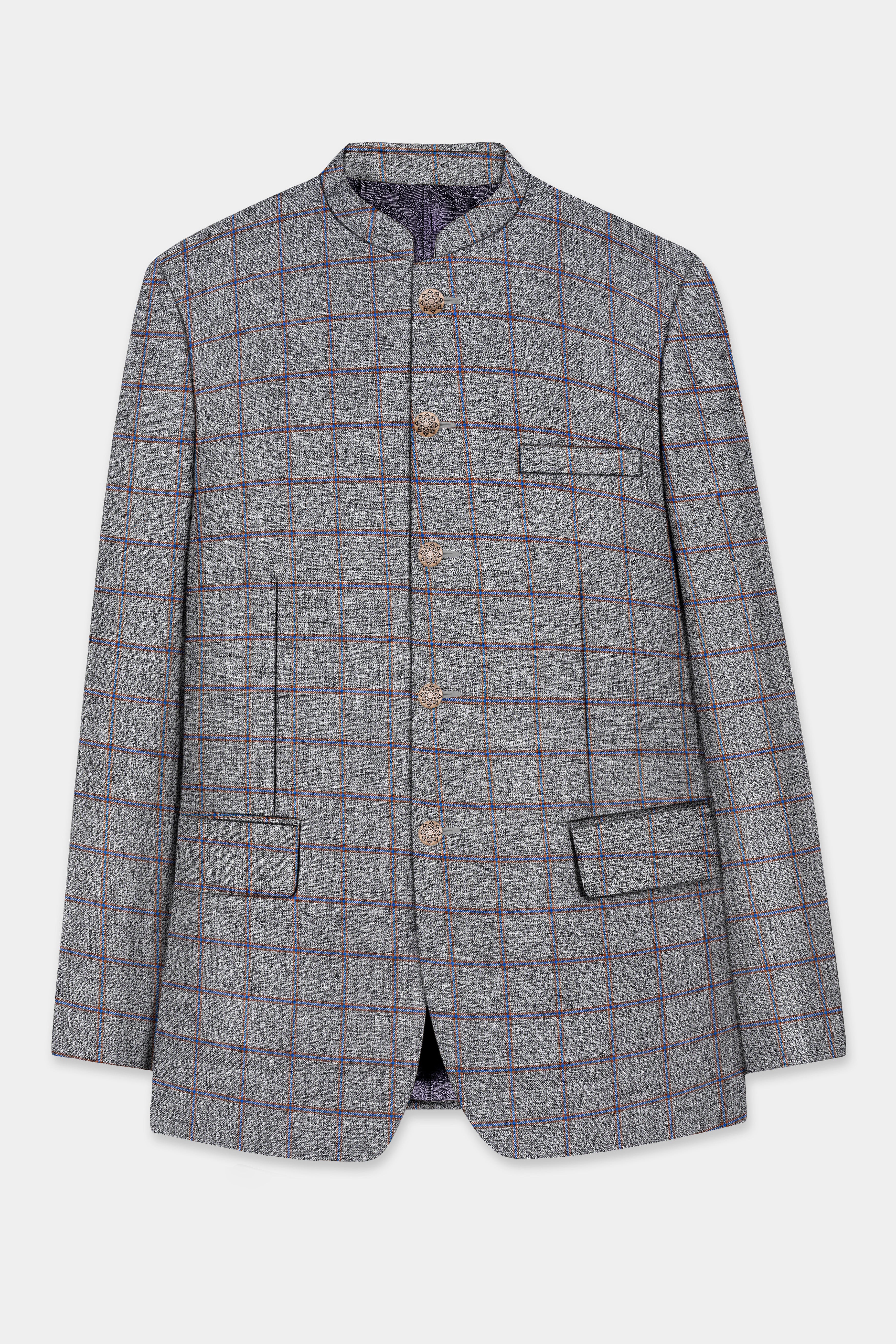 Smokey Gray Windowpane Wool Blend Bandhgala Blazer