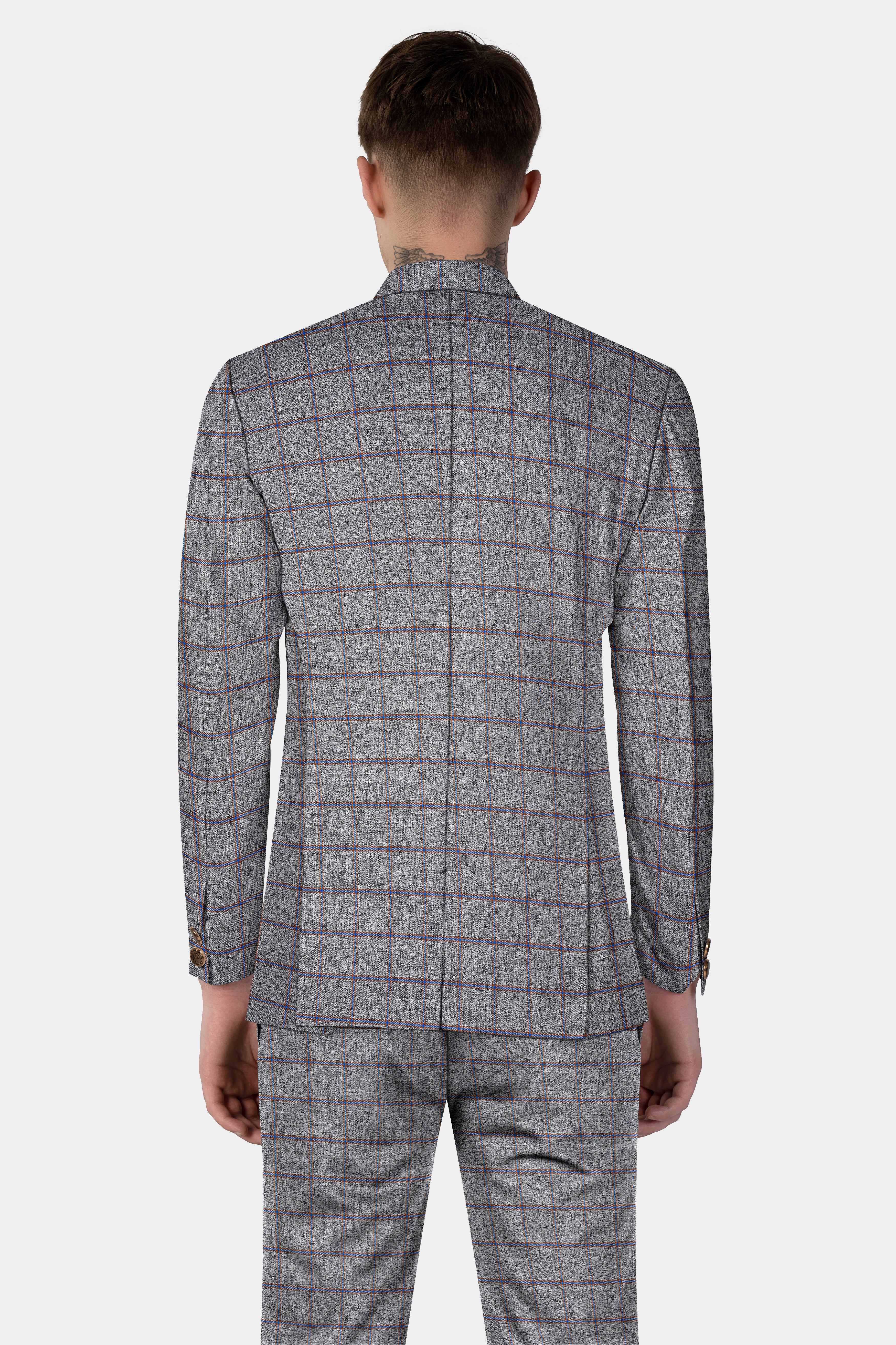 Smokey Gray Windowpane Wool Blend Cross Placket Bandhgala Blazer