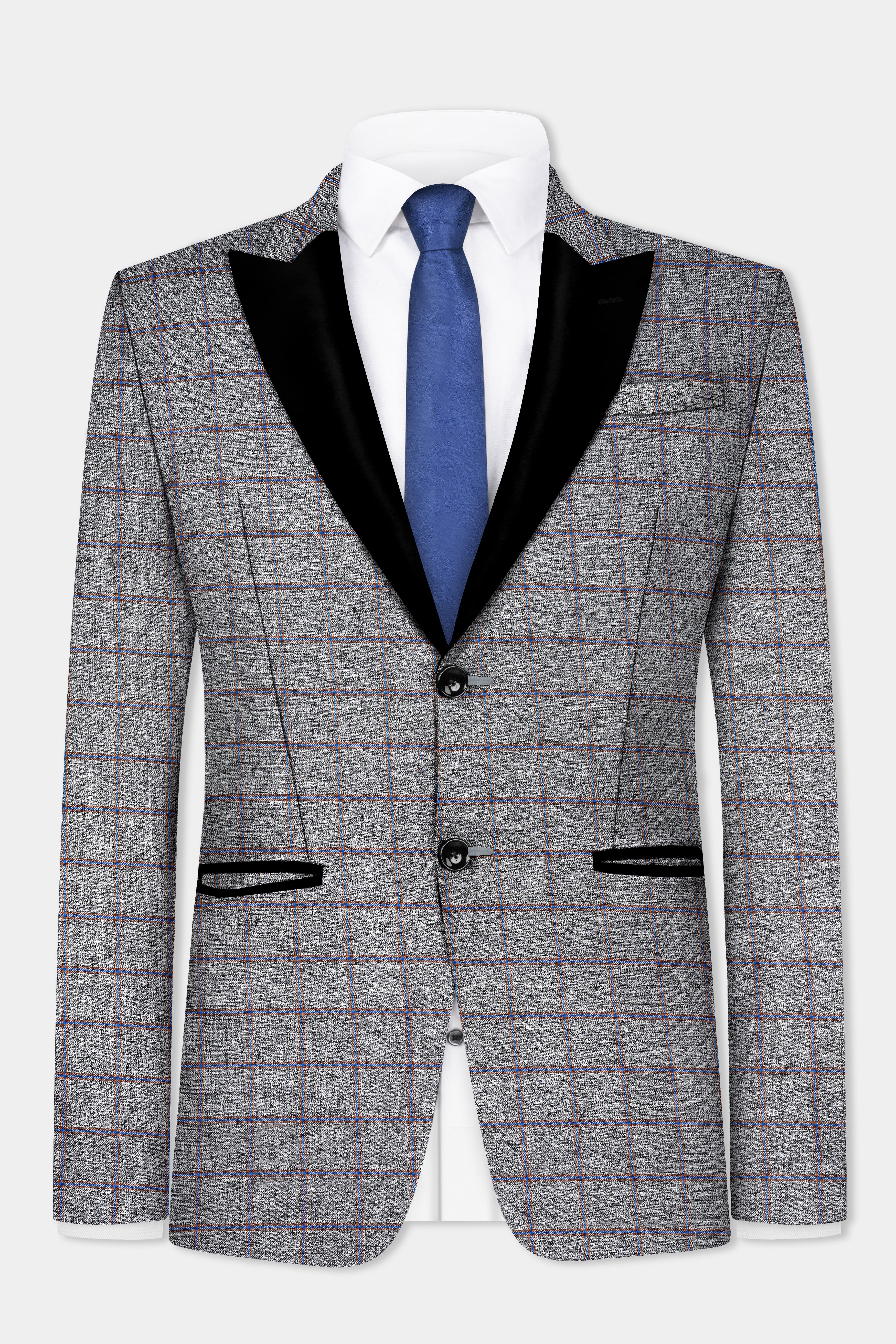 Smokey Gray Windowpane Wool Blend Peak Collar Tuxedo Blazer