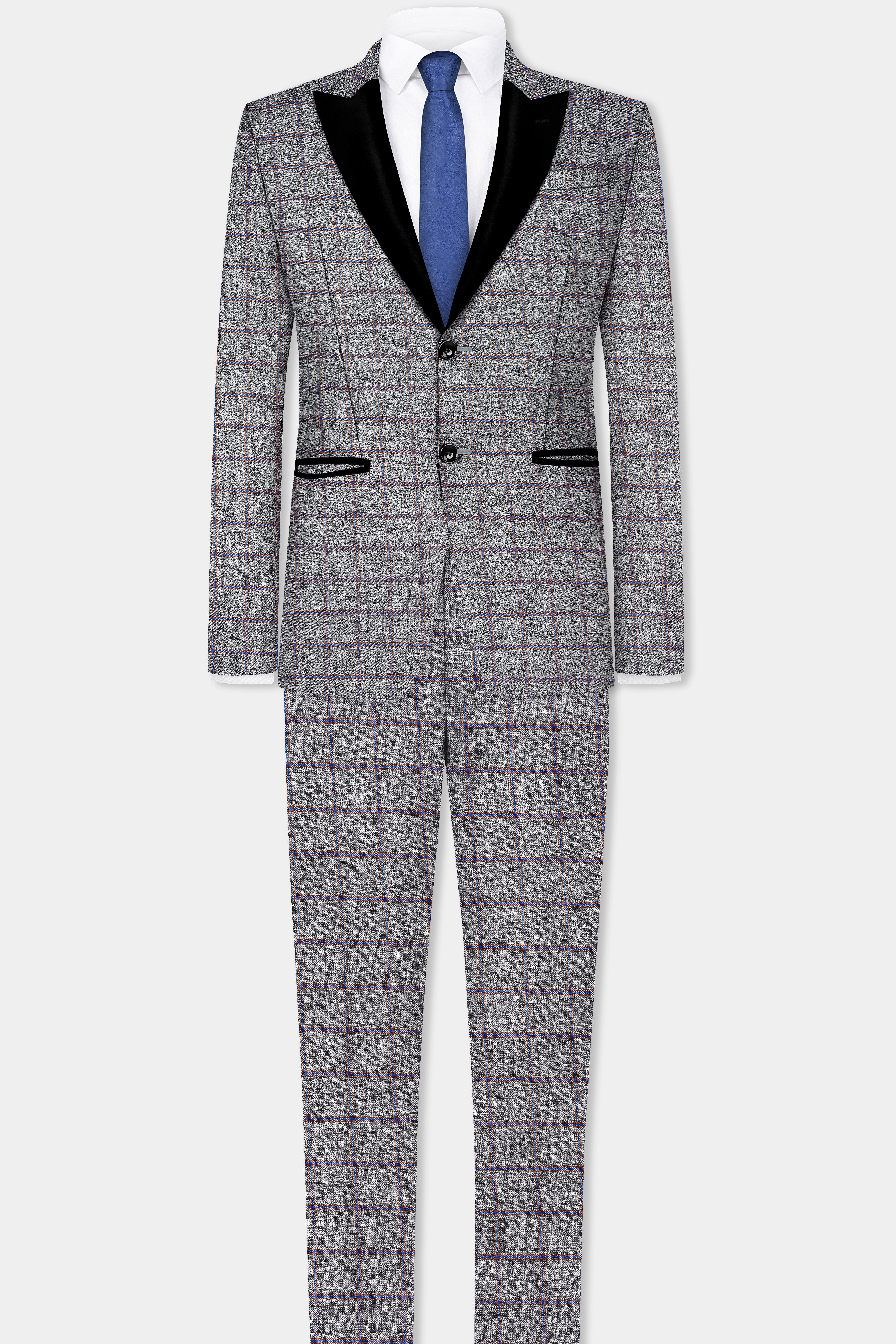 Smokey Gray Windowpane Wool Blend Peak Collar Tuxedo Blazer