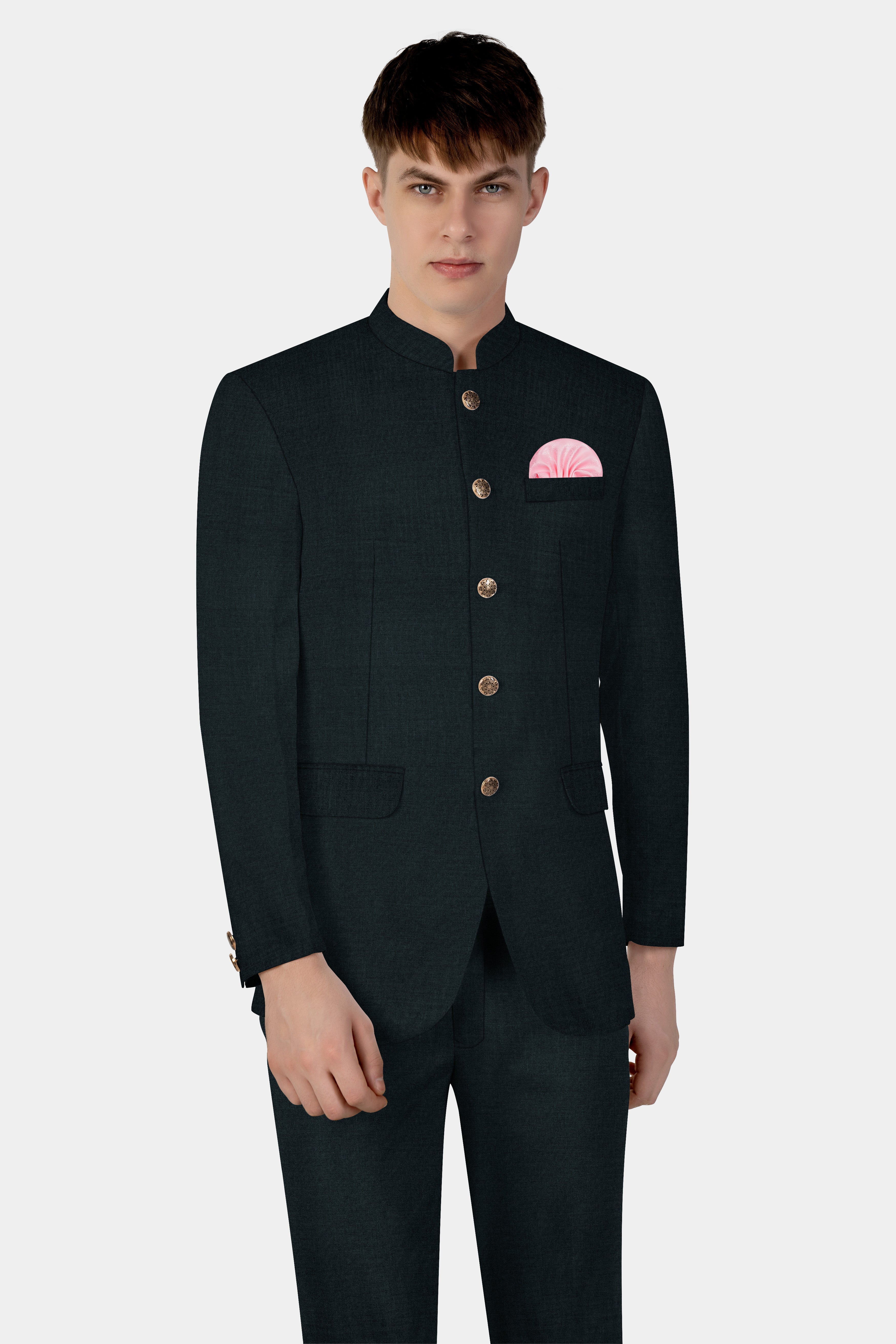 Racing Green Solid Wool Blend Bandhgala Blazer