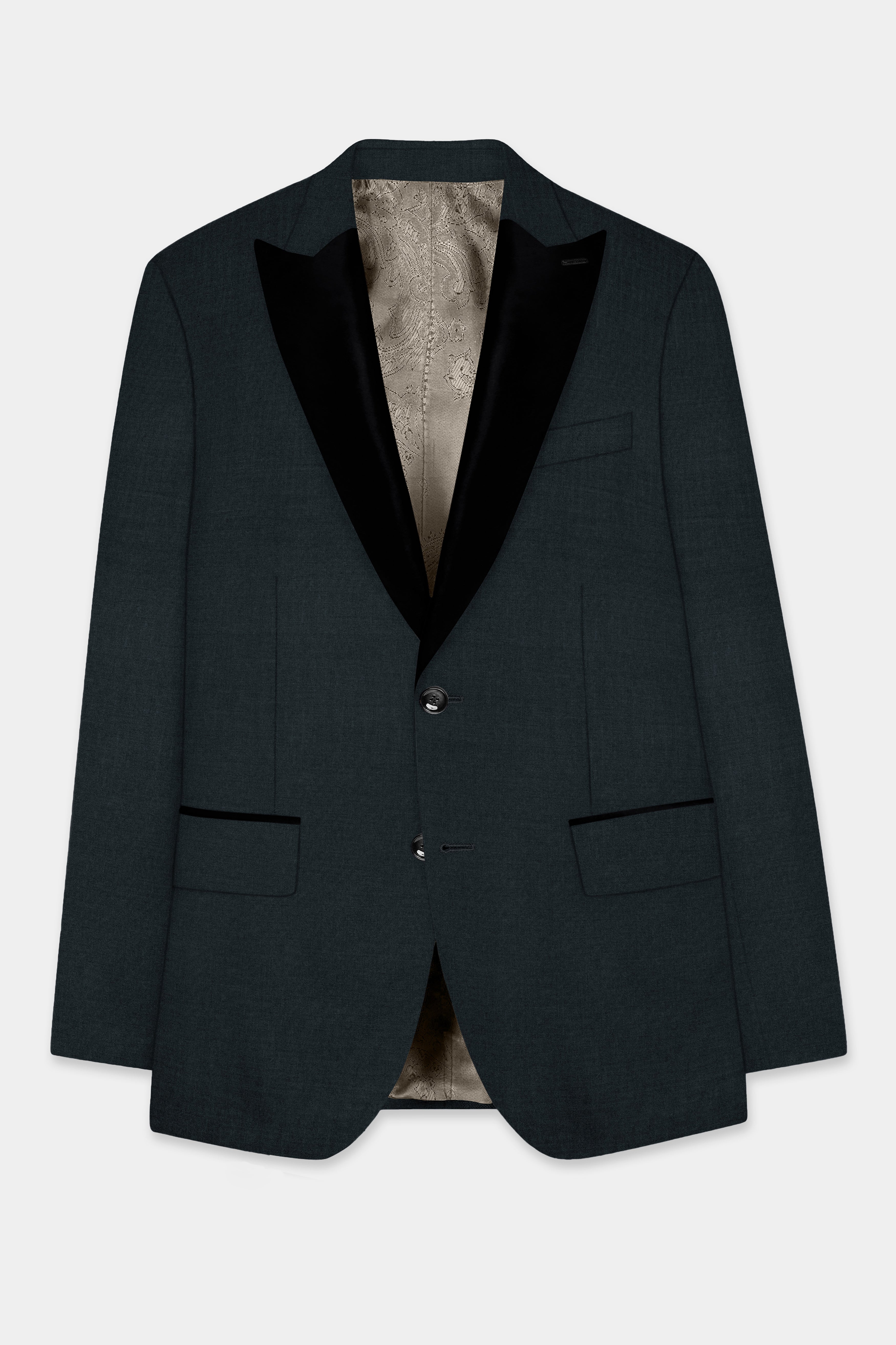 Racing Green Solid Wool Blend Peak Lapel Tuxedo Blazer