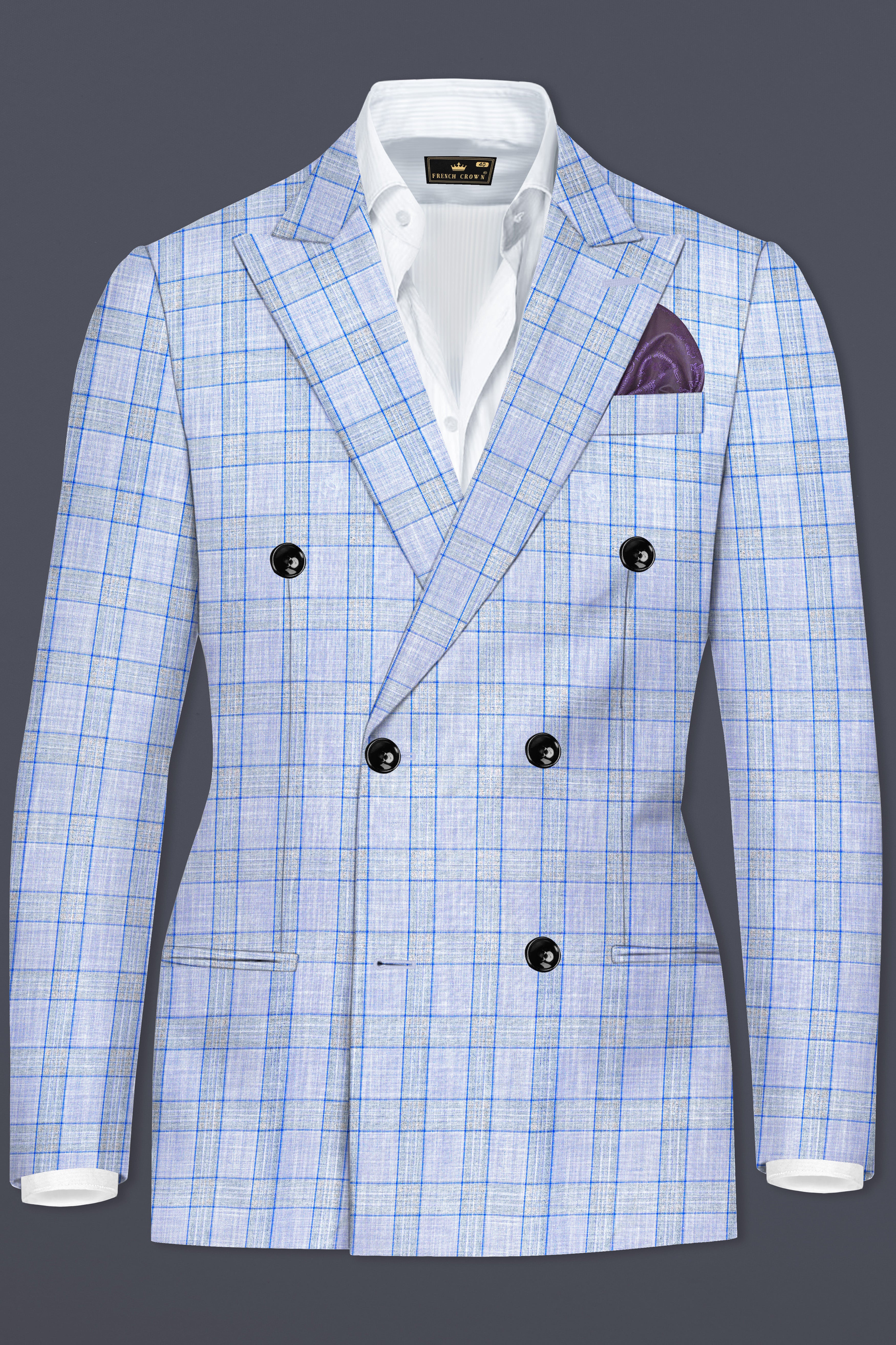 Carolina Blue Plaid Wool Blend Double Breasted Blazer