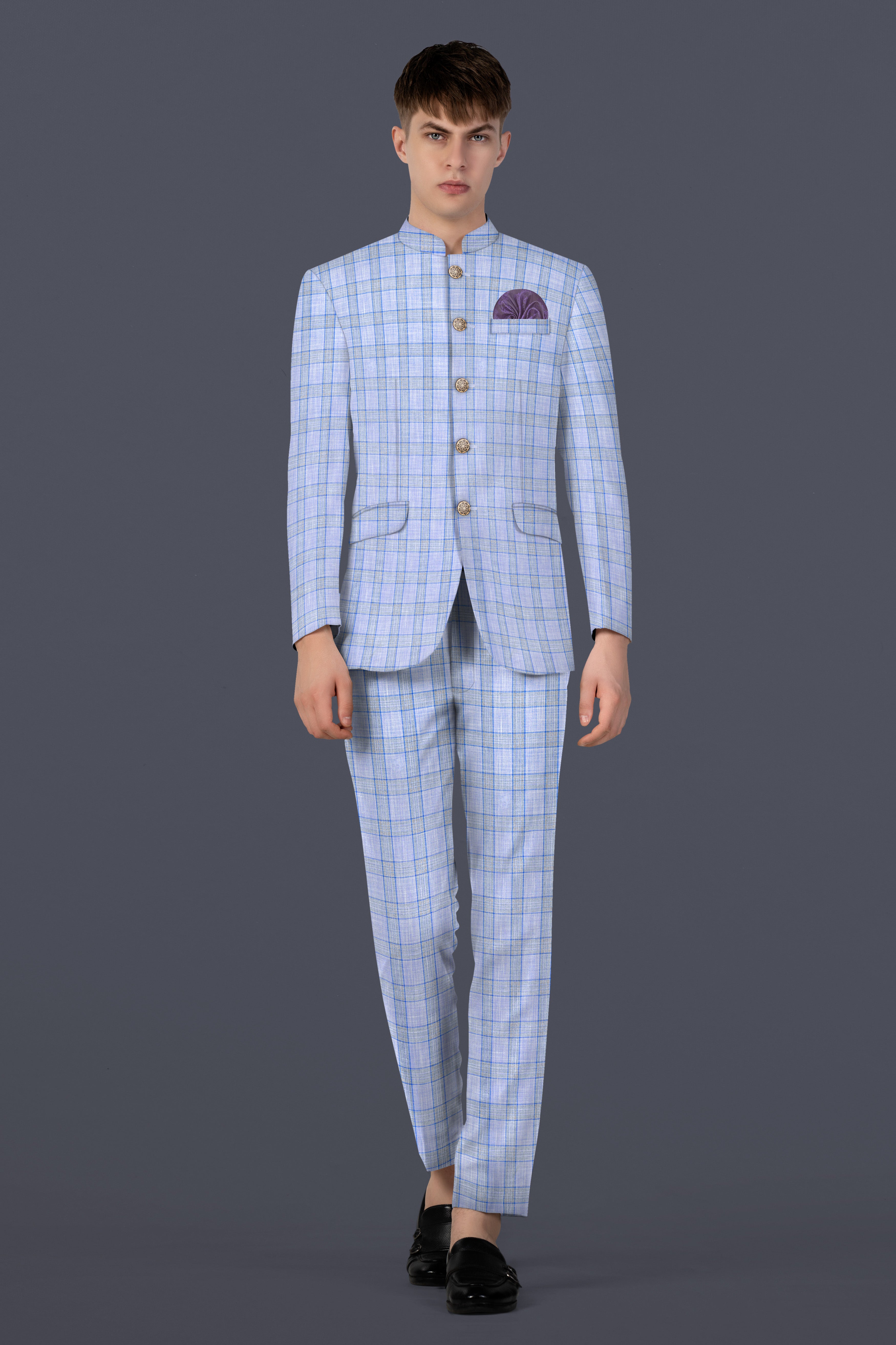 Carolina Blue Plaid Wool Blend Bandhgala Blazer