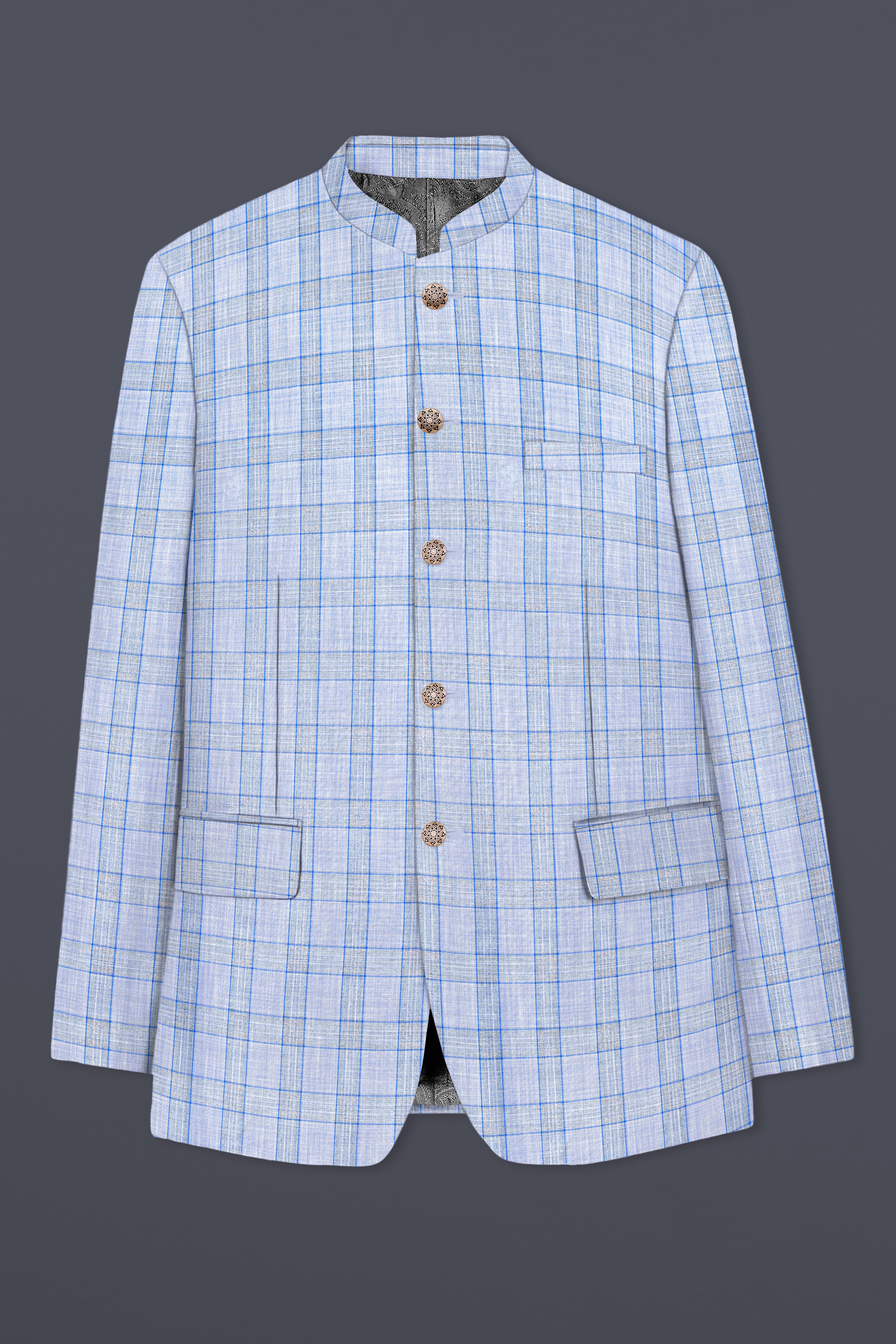 Carolina Blue Plaid Wool Blend Bandhgala Blazer