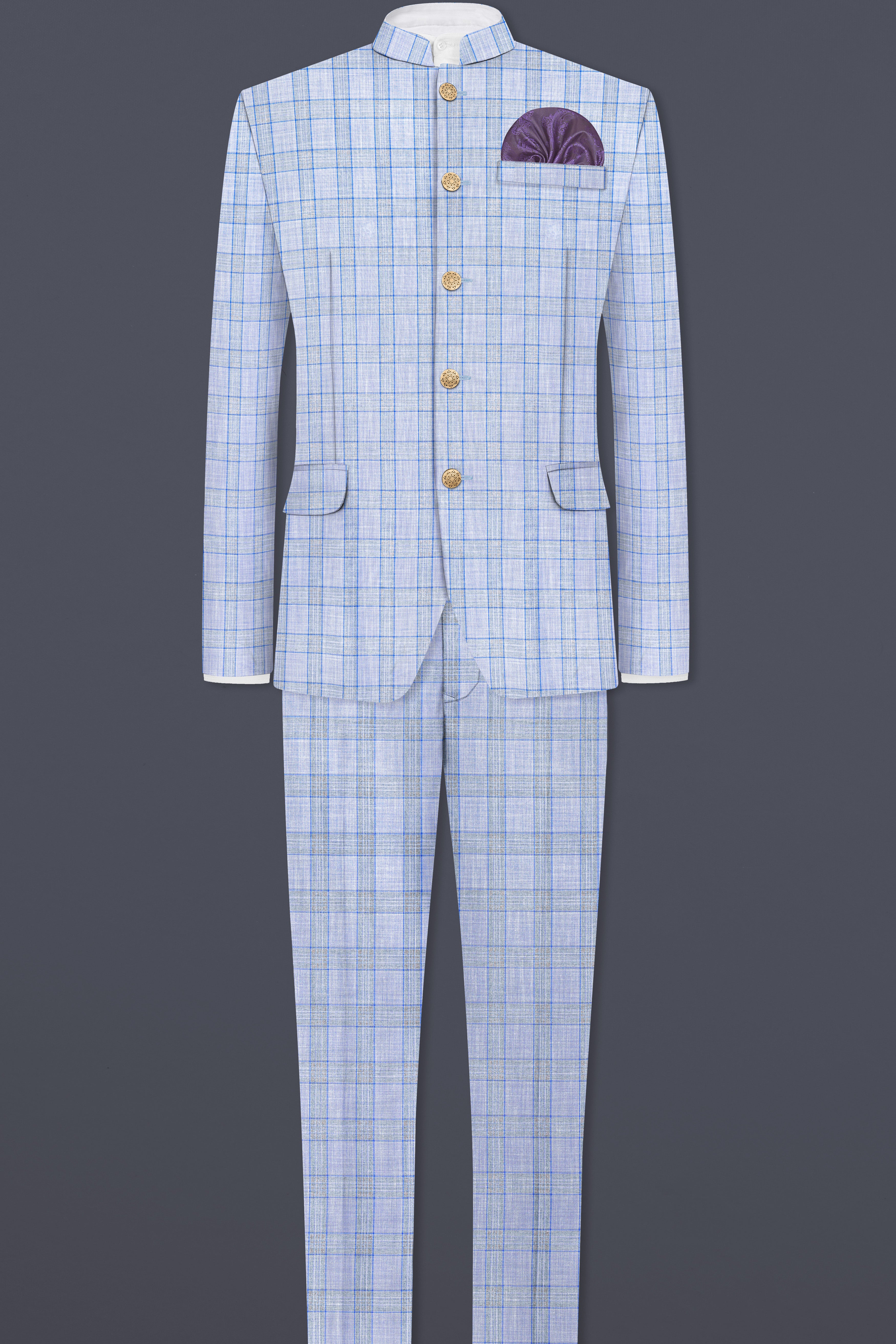 Carolina Blue Plaid Wool Blend Bandhgala Blazer