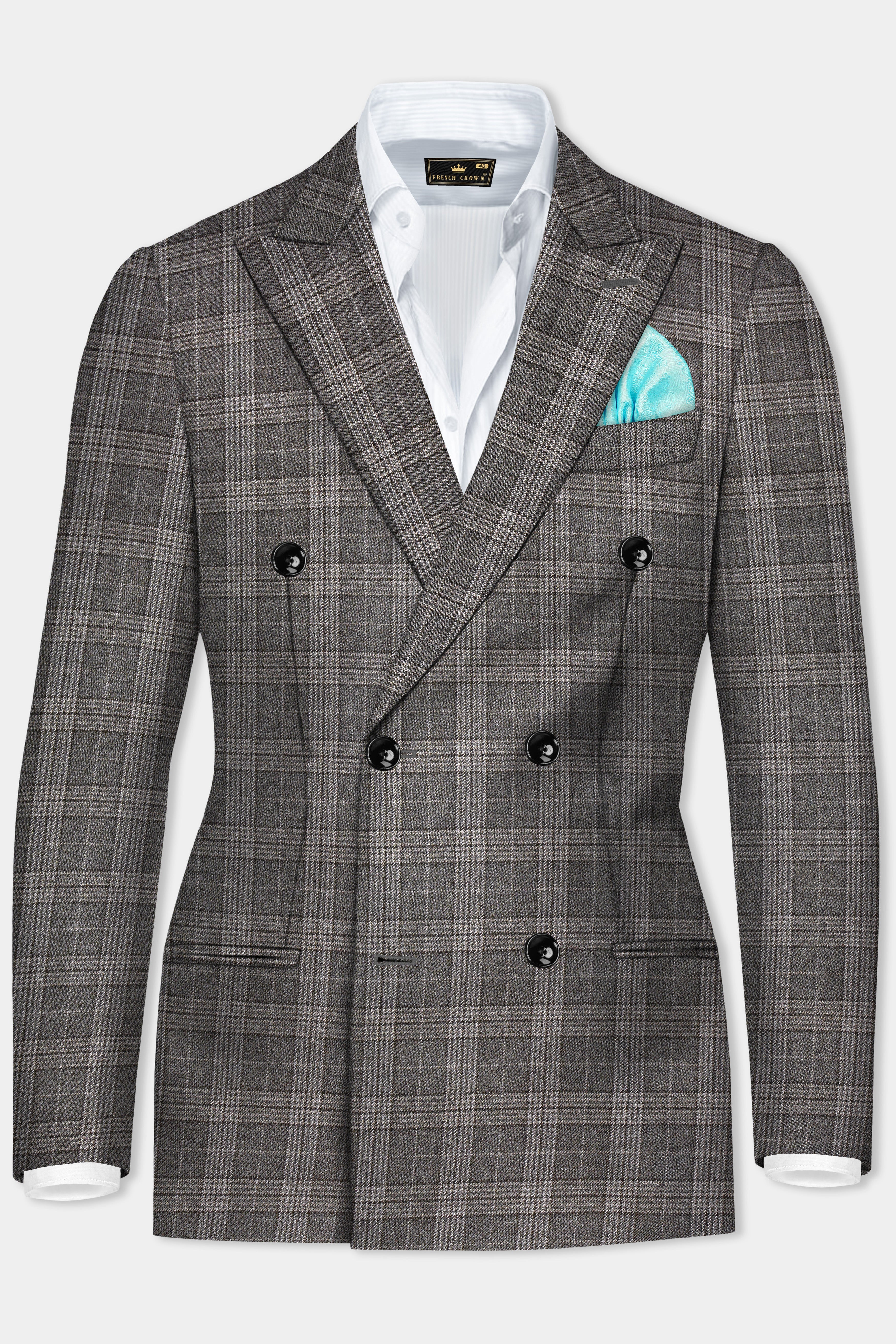 Iridium Gray Plaid Tweed Wool Blend Double Breasted Blazer