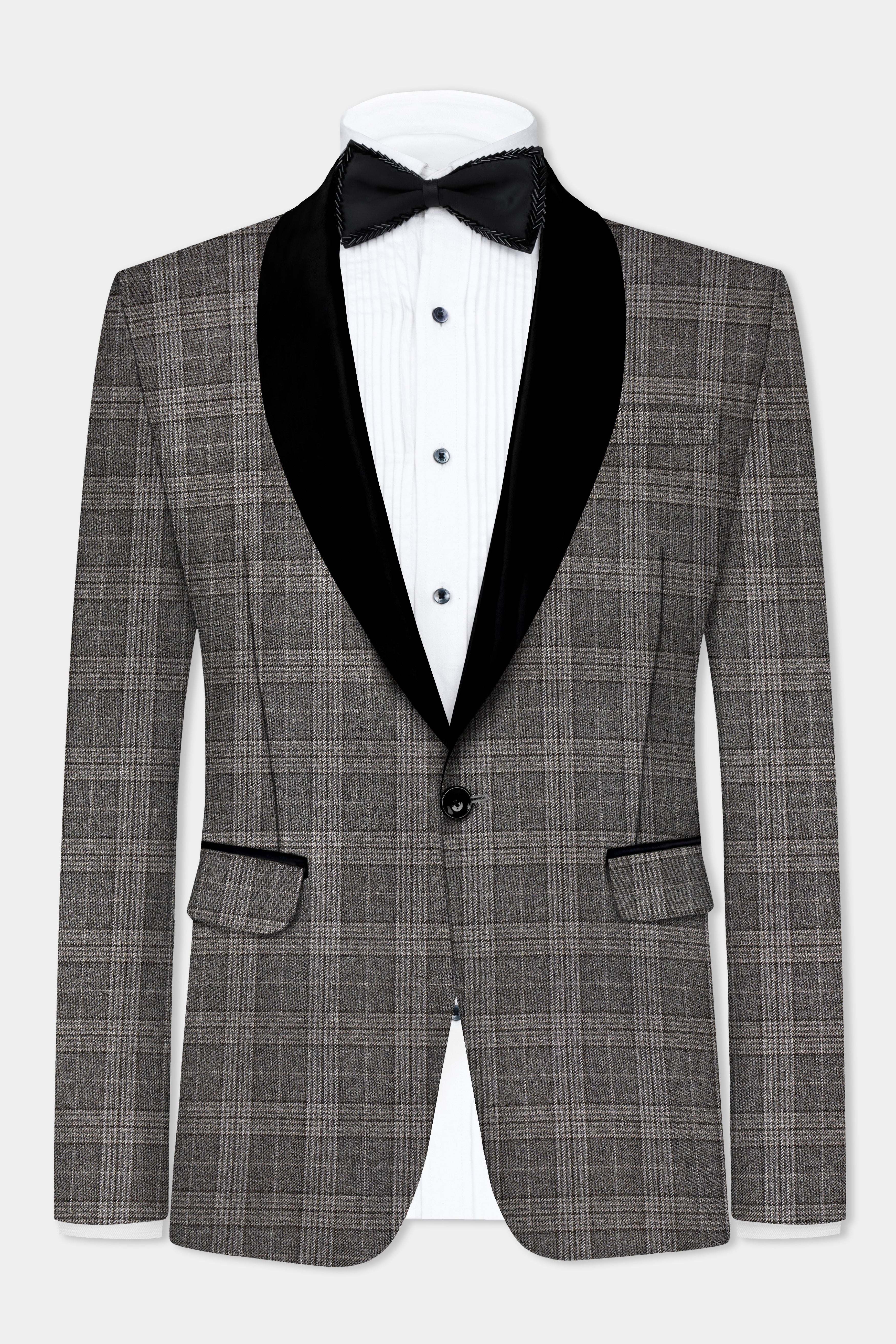 Iridium Gray Plaid Tweed Wool Blend Tuxedo Blazer