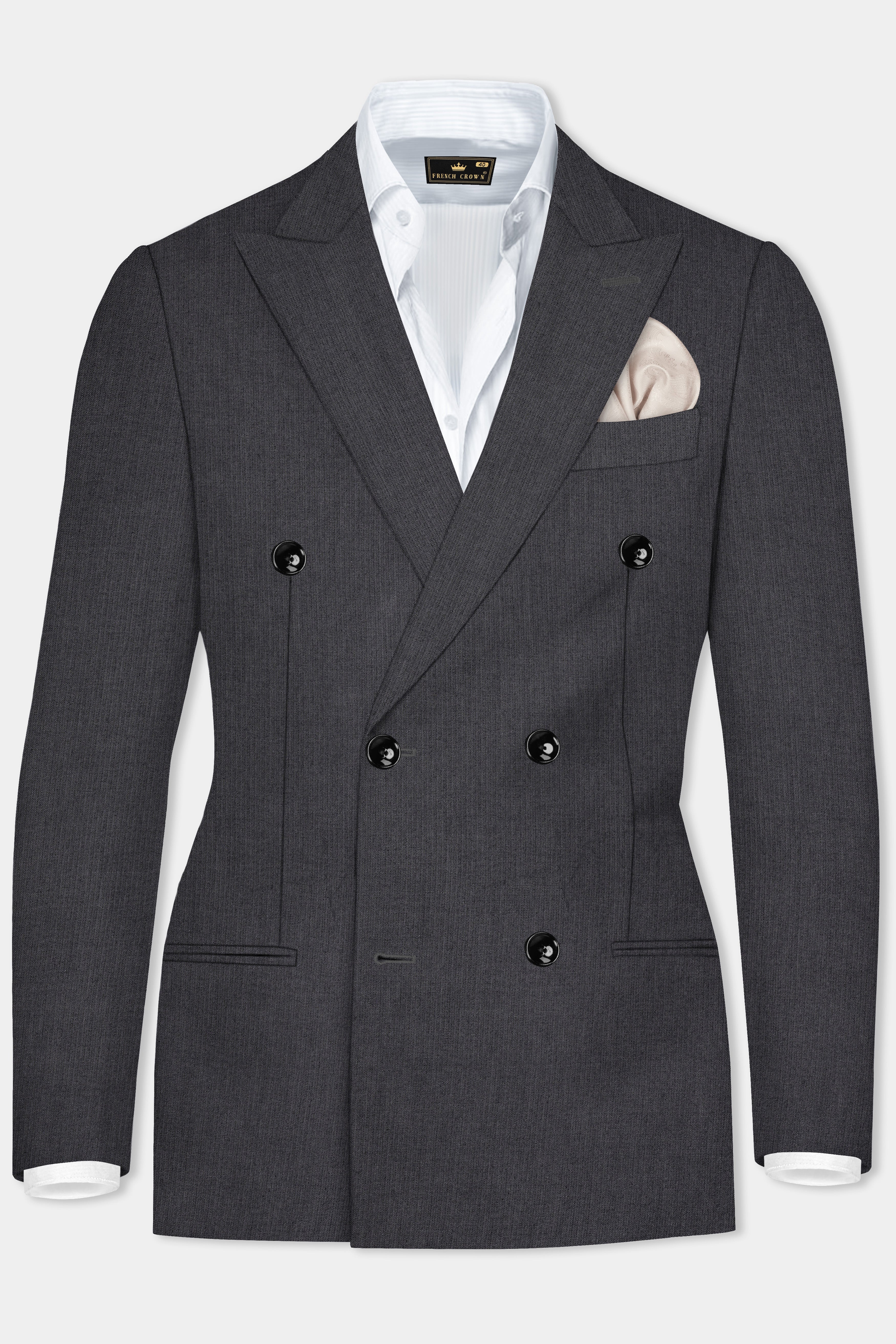 Vampire Gray herringbone Textured Cotton Double Breasted Blazer