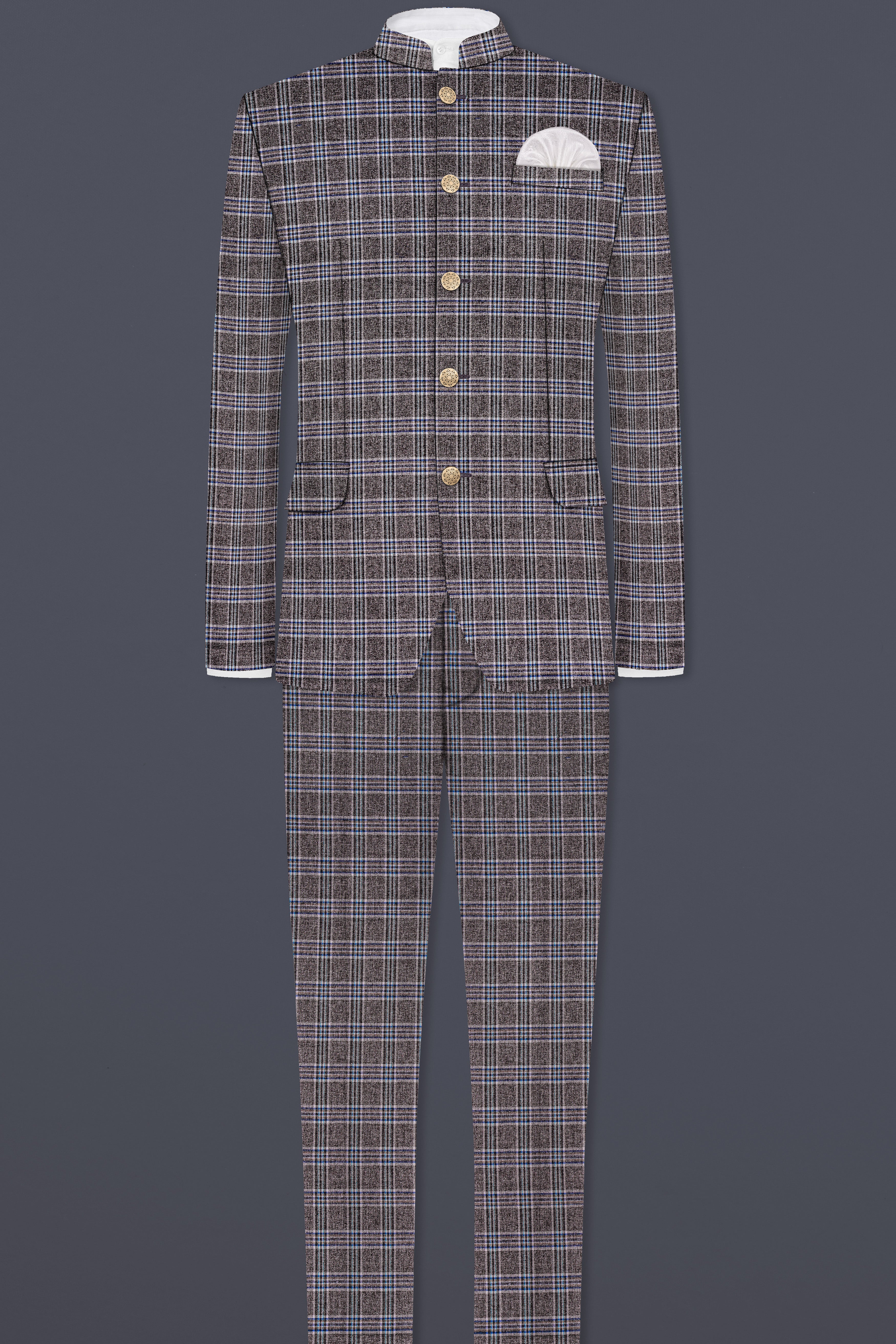 Ironside Grey Plaid Wool Blend Bandhgala Blazer