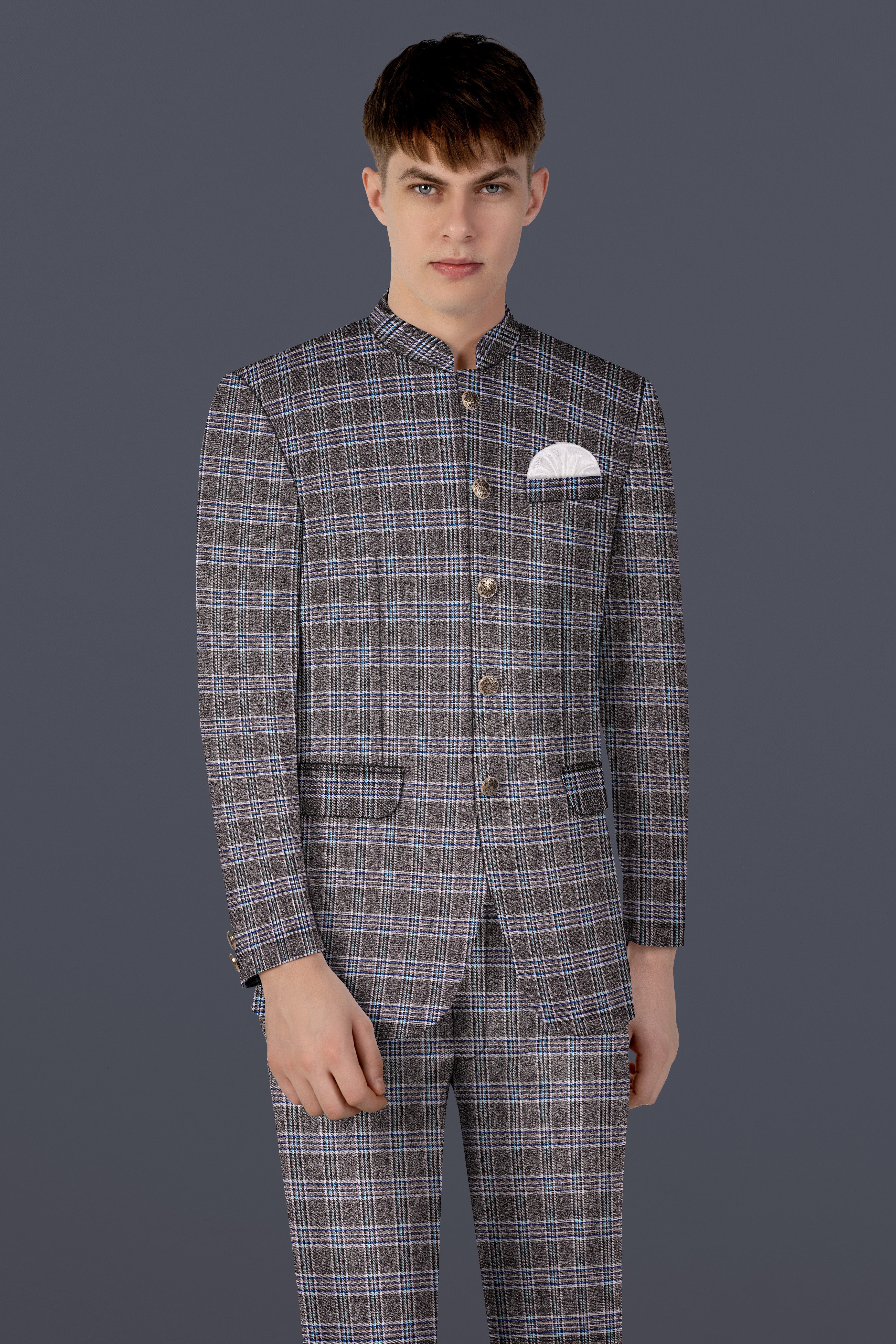 Ironside Grey Plaid Wool Blend Bandhgala Blazer