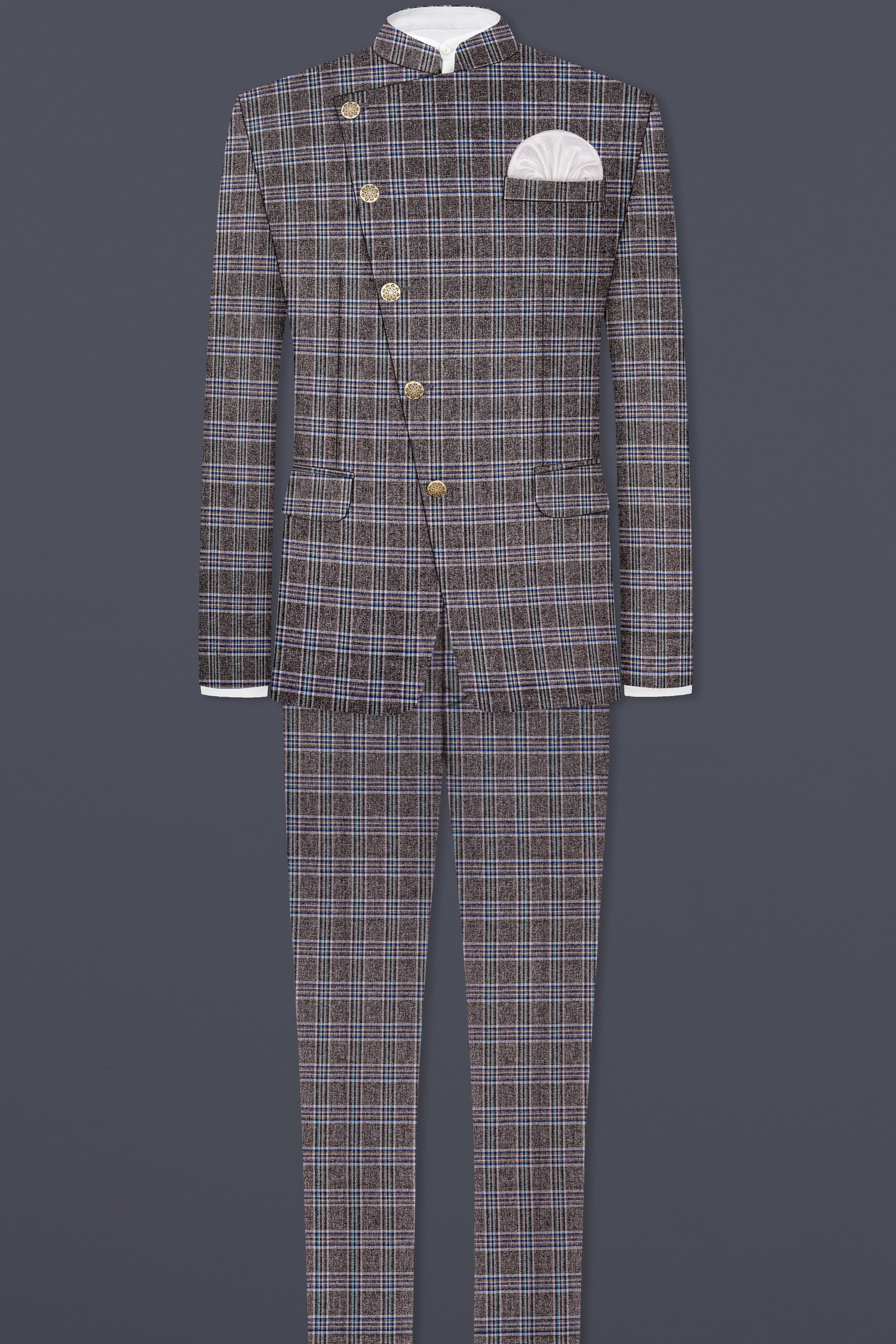 Ironside Grey Plaid Wool Blend Cross Placket Bandhgala Blazer