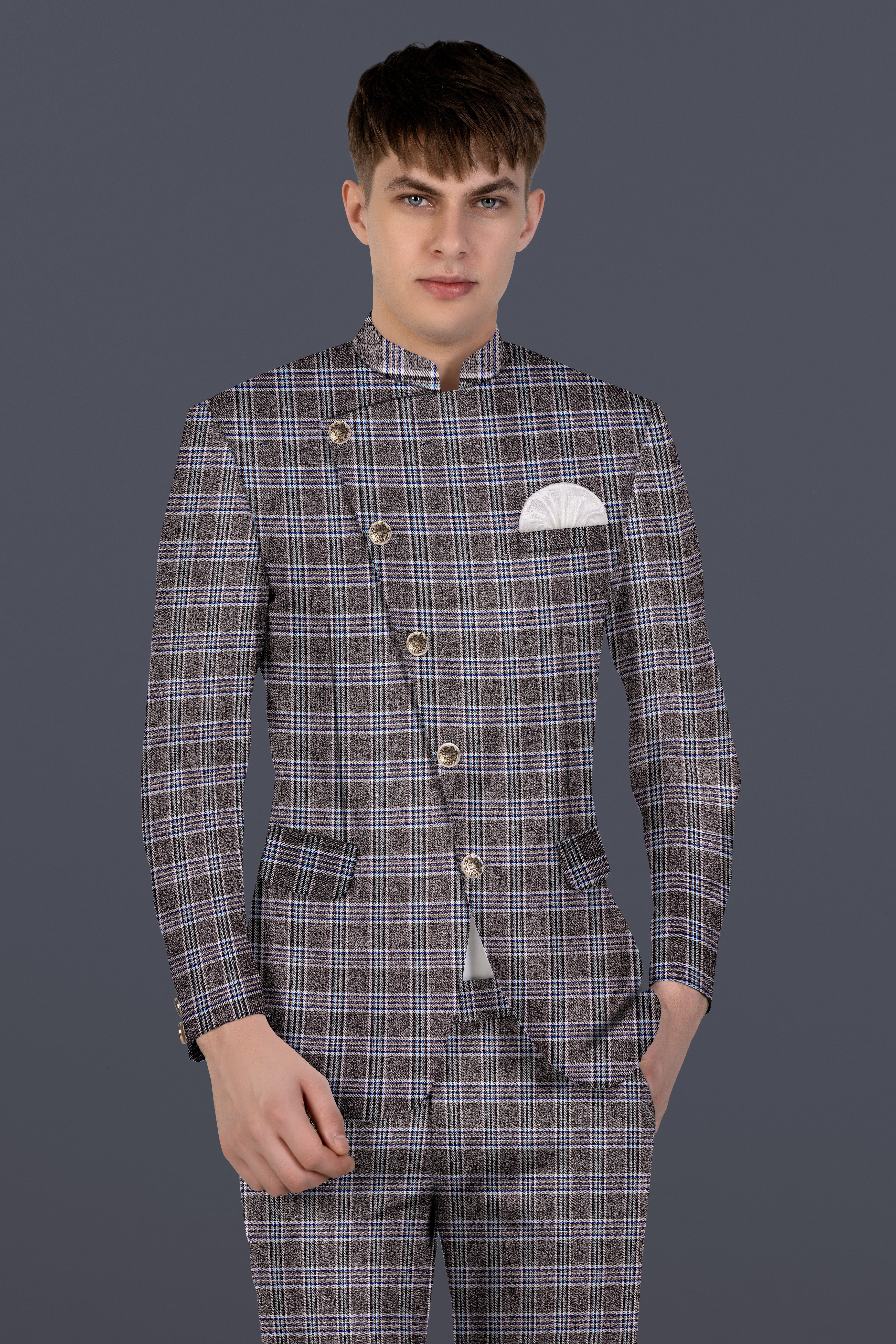 Ironside Grey Plaid Wool Blend Cross Placket Bandhgala Blazer